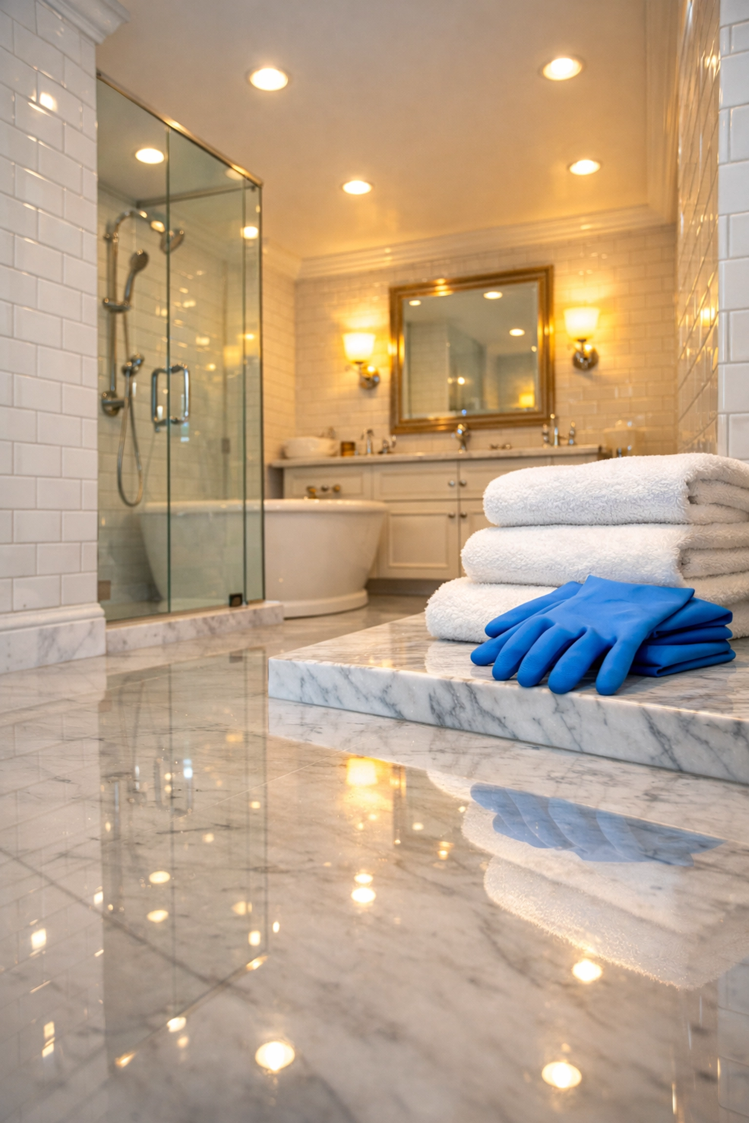 Spotless luxury bathroom showing the results of a high-end move-out cleaning Worcester with shiny marble floors.