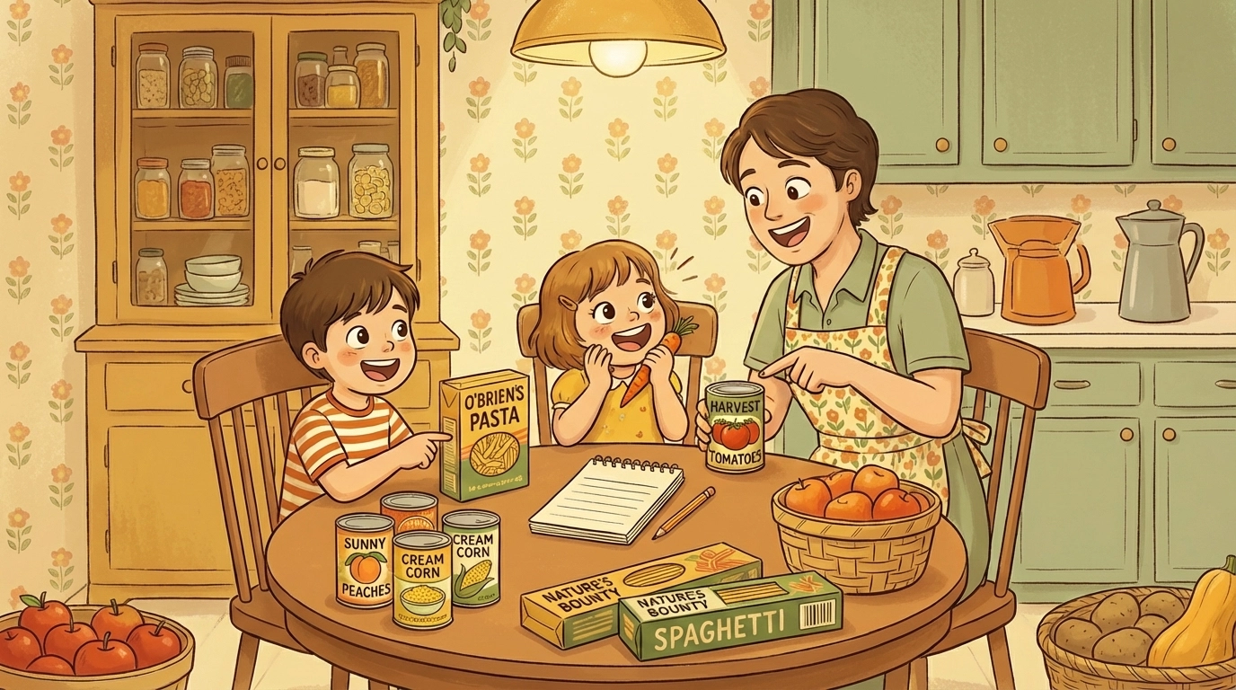 Family sits at a kitchen table with pantry foods, planning meals together as part of home food security learning.