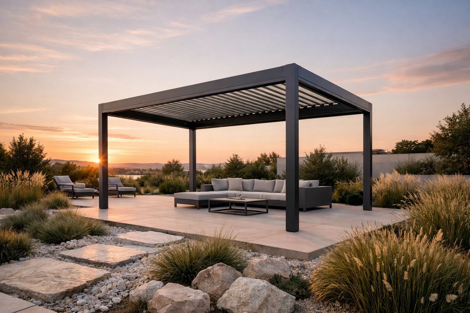 Freistehende Aluminium-Terrassenüberdachung nach Maß in einem modernen Garten bei Sonnenuntergang.