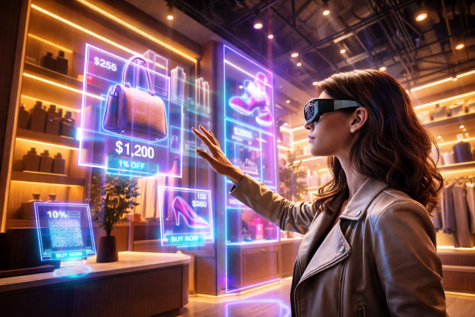 Person shopping in a high-tech boutique using AR glasses and QR payment, highlighting metaverse crypto POS experience
