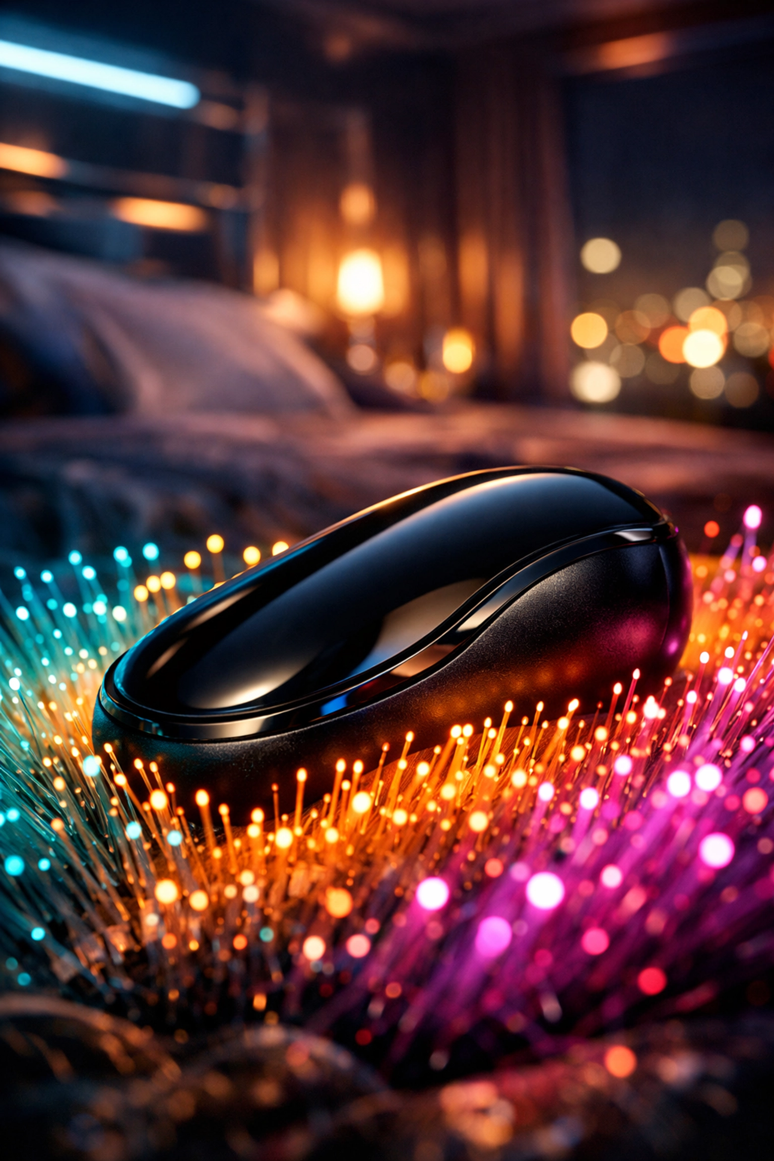 Sleek obsidian smart toy resting on reactive lights, showcasing modern AI-driven bedroom technology.