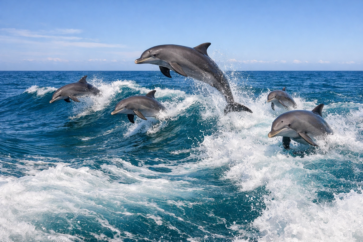 Bottlenose dolphins leaping in the ocean, showing animal interaction with a healthy marine ecosystem.