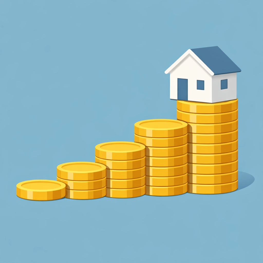 Escalera de monedas hacia una casa representando el ahorro para el down payment.