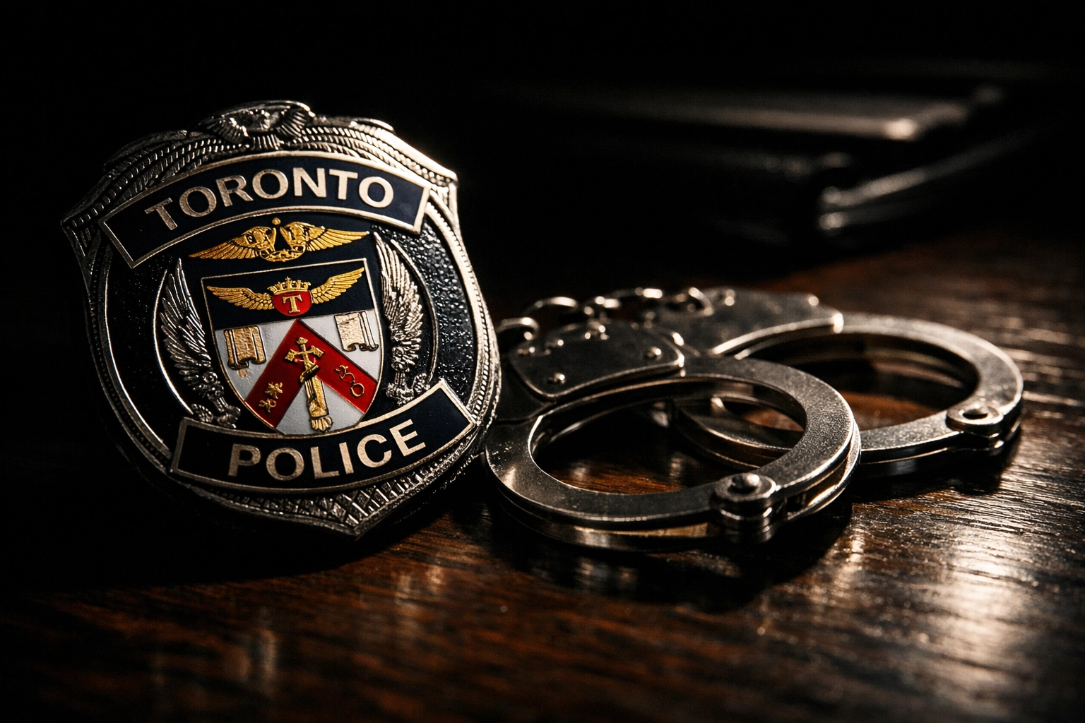 Toronto Police badge and handcuffs representing Project South corruption investigation charges