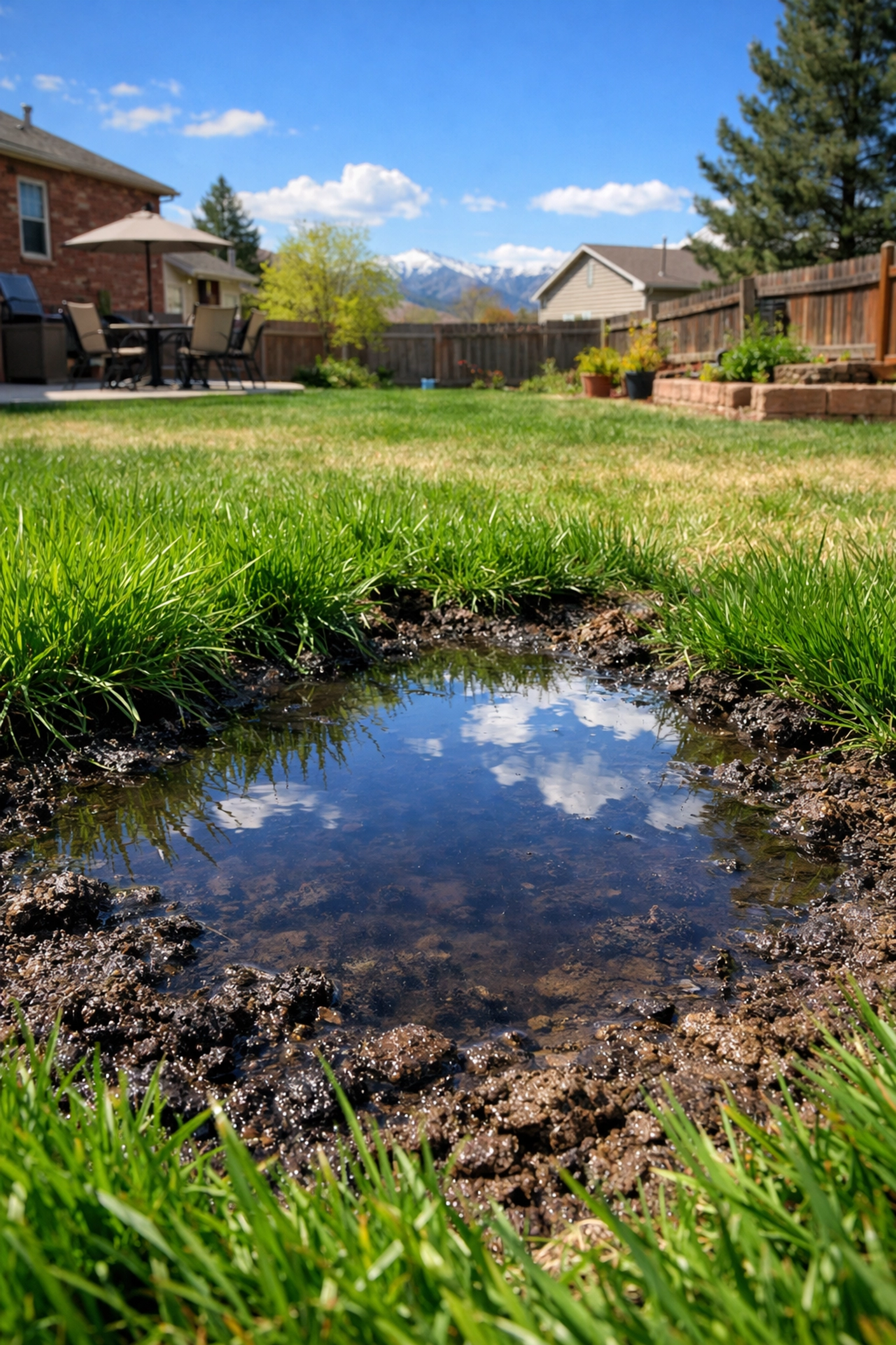 Standing water and lush grass in a Douglas County yard signaling a septic drain field failure and leak.