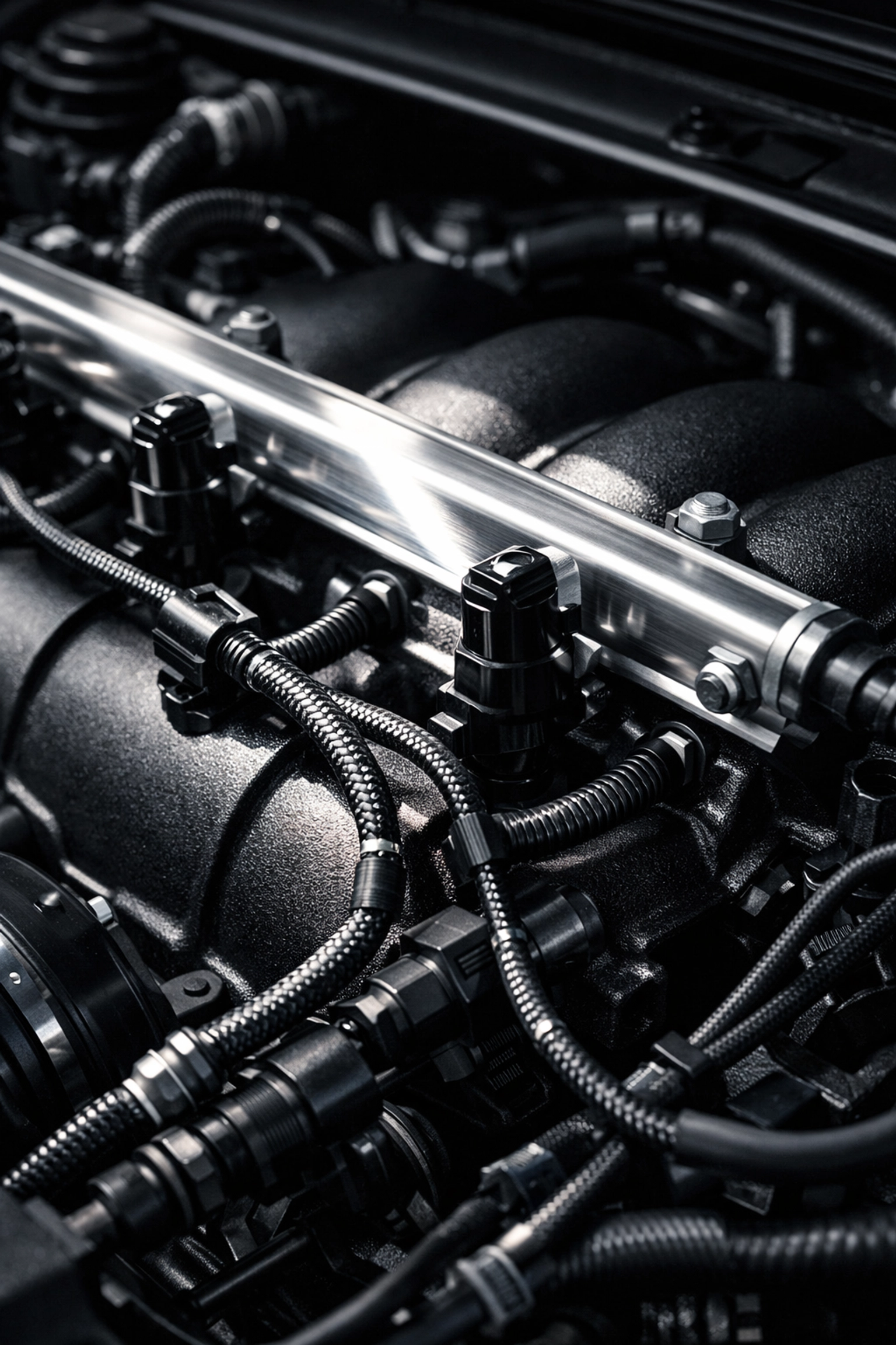Close-up of complex engine components and sensors for expert engine diagnostics in Garland, TX.