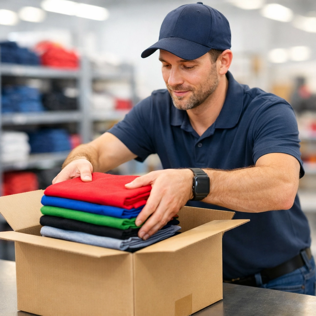 Warehouse worker packing wholesale bulk cheap aprons for fast same-day shipping.