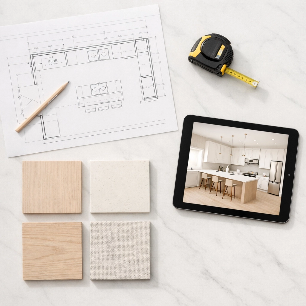Kitchen renovation planning materials including blueprints and samples on marble surface