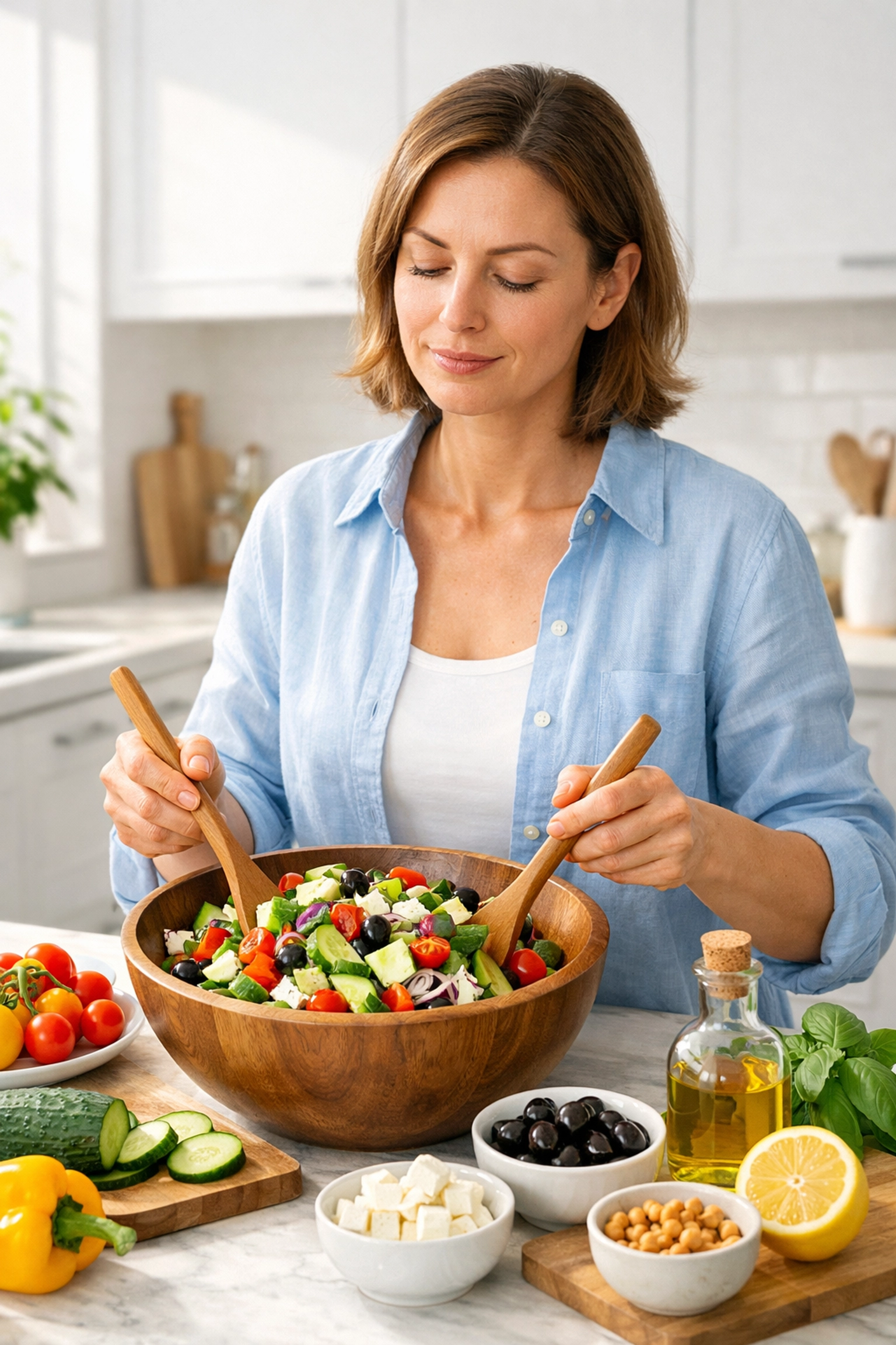 A person preparing a healthy meal, showing the benefits of managed appetite and reduced food noise.