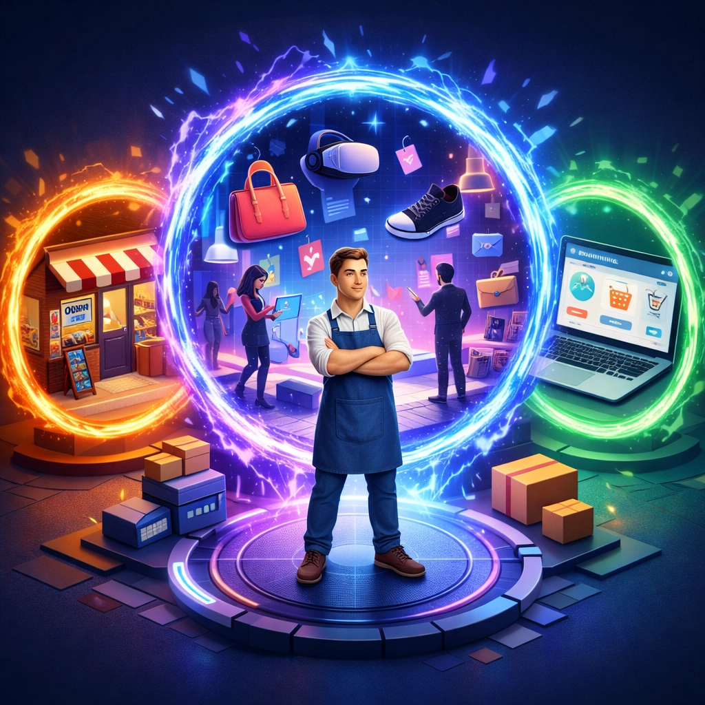 Small business owner accessing three sales channels: physical store, e-commerce, and metaverse