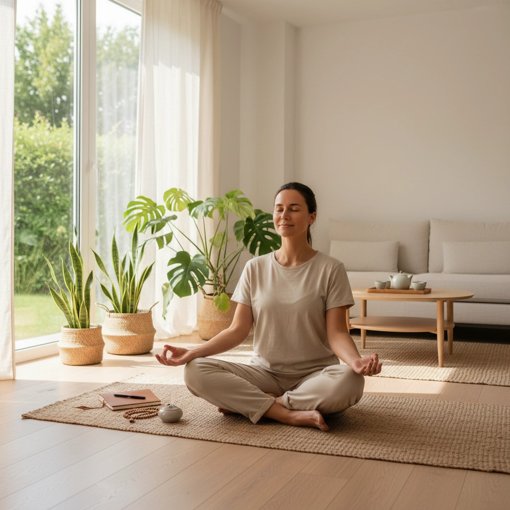 Woman meditates in a bright room with plants, sitting cross-legged on a mat. Soft beige tones, serene and relaxed atmosphere.