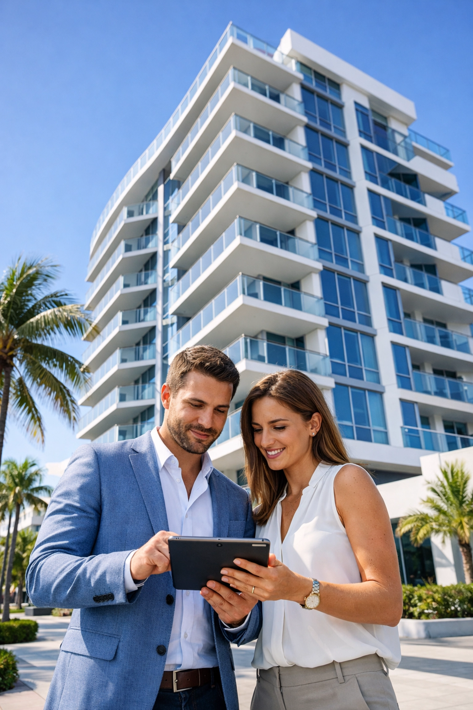 Couple reviewing condo documents outside modern Florida condominium building in Broward County