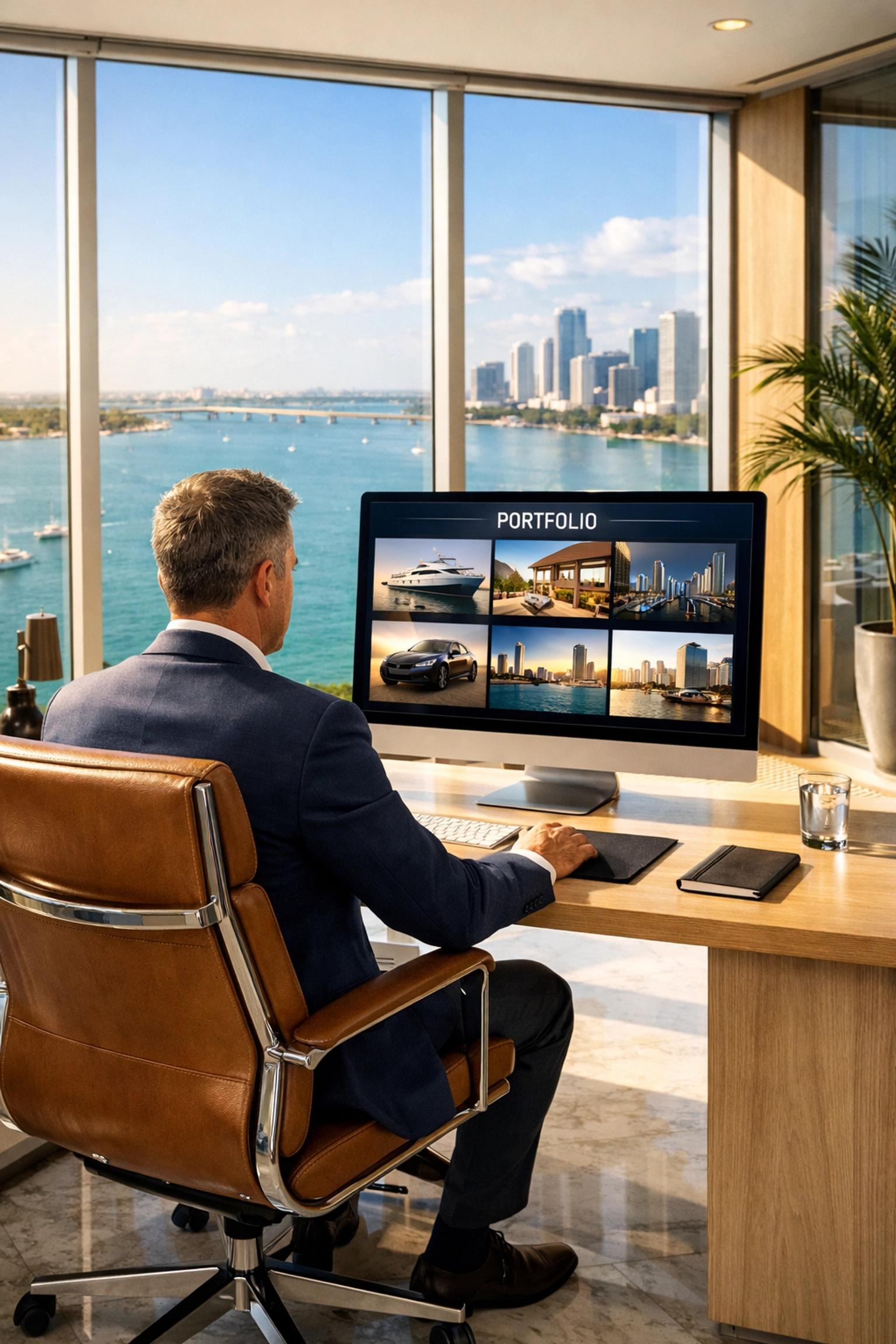 Professional entrepreneur reviewing a high-end brand photography miami portfolio in a modern office.