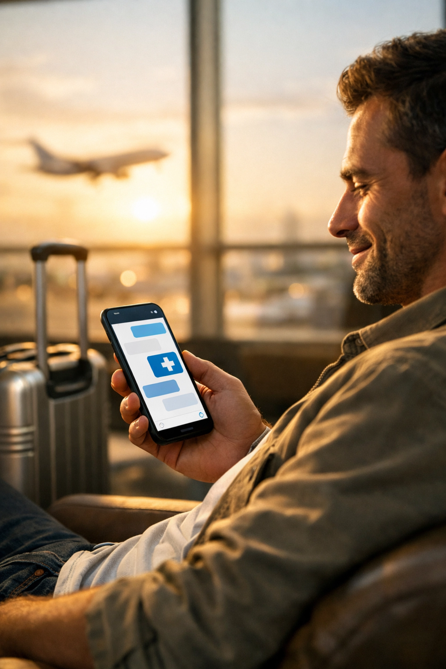 Relieved traveler in an airport lounge using a 24/7 online medical chat for secure healthcare advice.