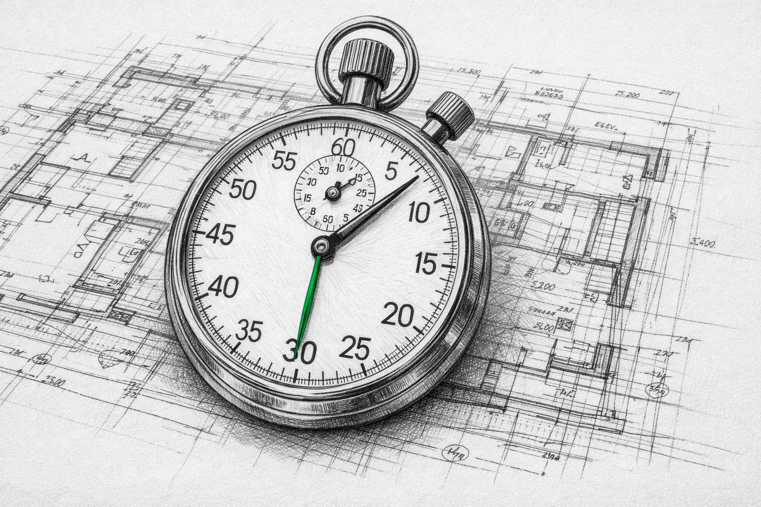 Architectural floor plan with a stopwatch showing the speed of in-house CEU content creation.