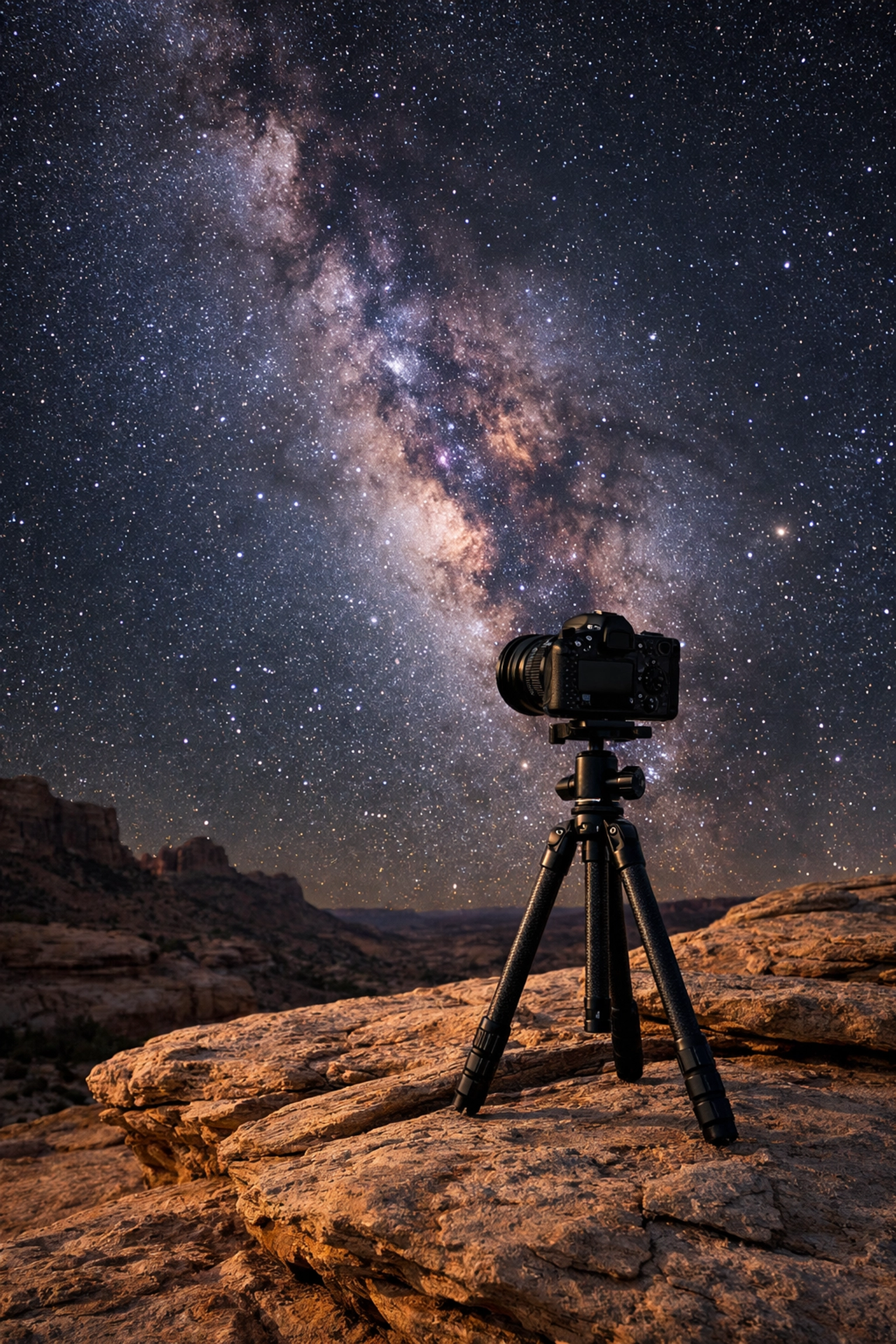 Camera on tripod under Milky Way, manual mode night photography long exposure setup