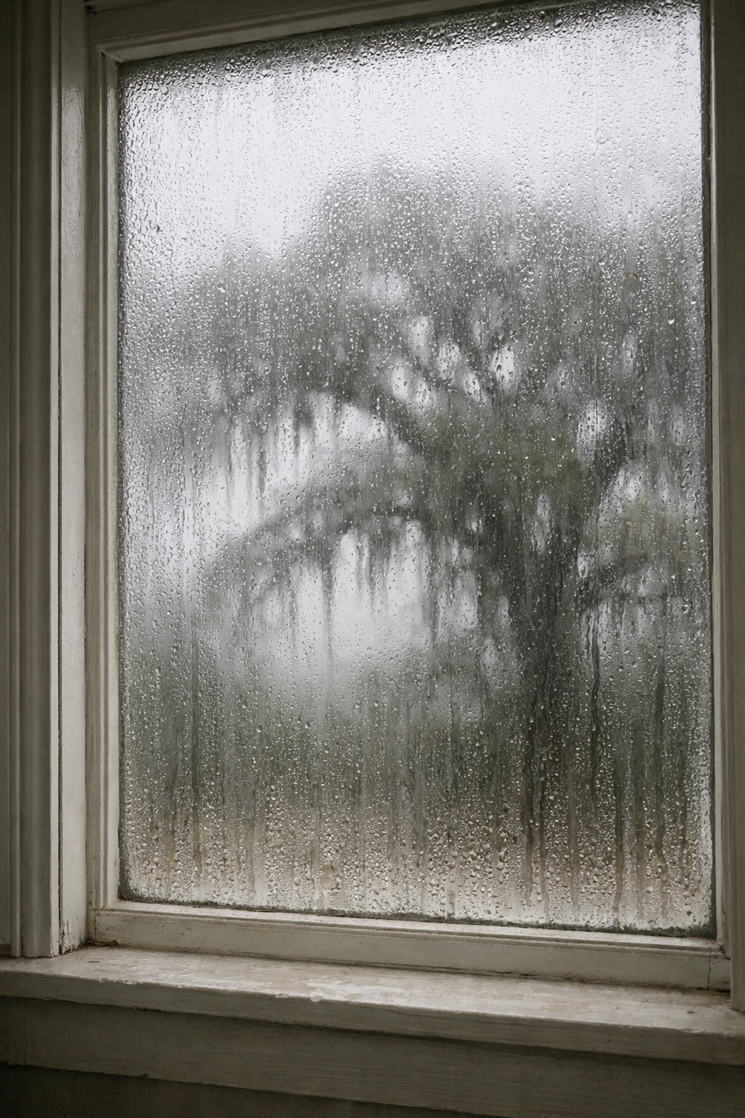 Window condensation on glass in Louisiana home during humid winter morning