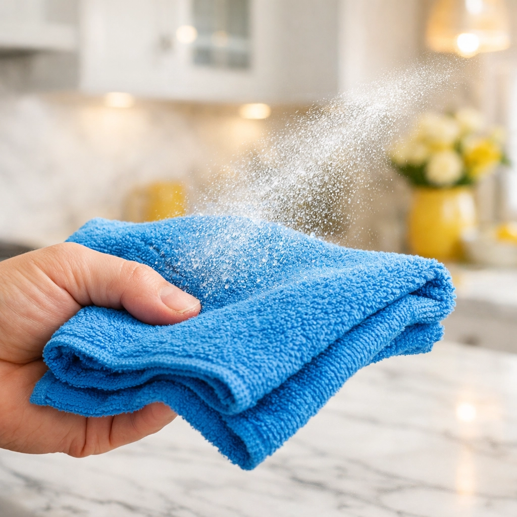 Spraying cleaner onto a blue microfiber cloth for streak-free deep cleaning Marlborough kitchens.