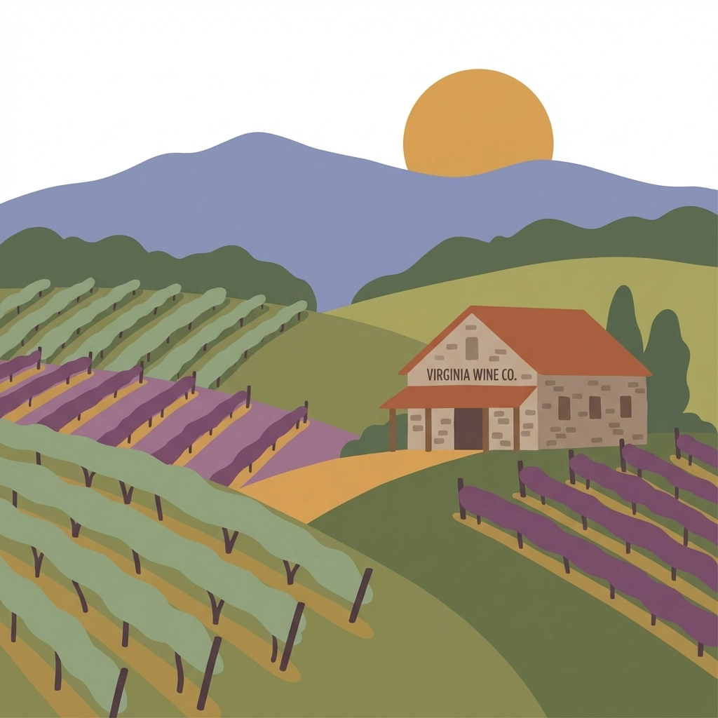 Scenic view of Virginia wine country with rolling vineyards and a winery, ideal for private company offsite tours.