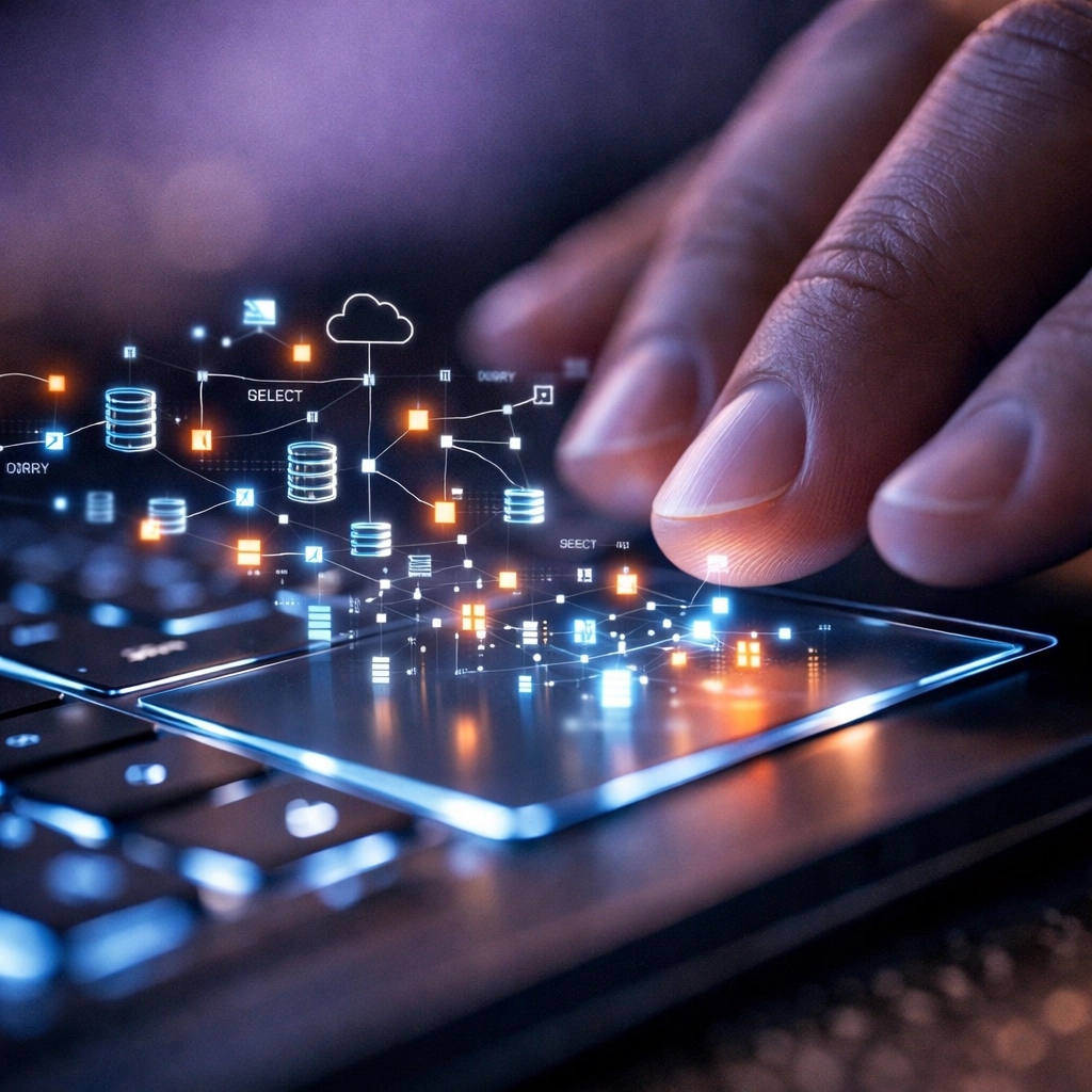 Detailed view of typing on a keyboard with icons for SQL and cloud architecture data skills.