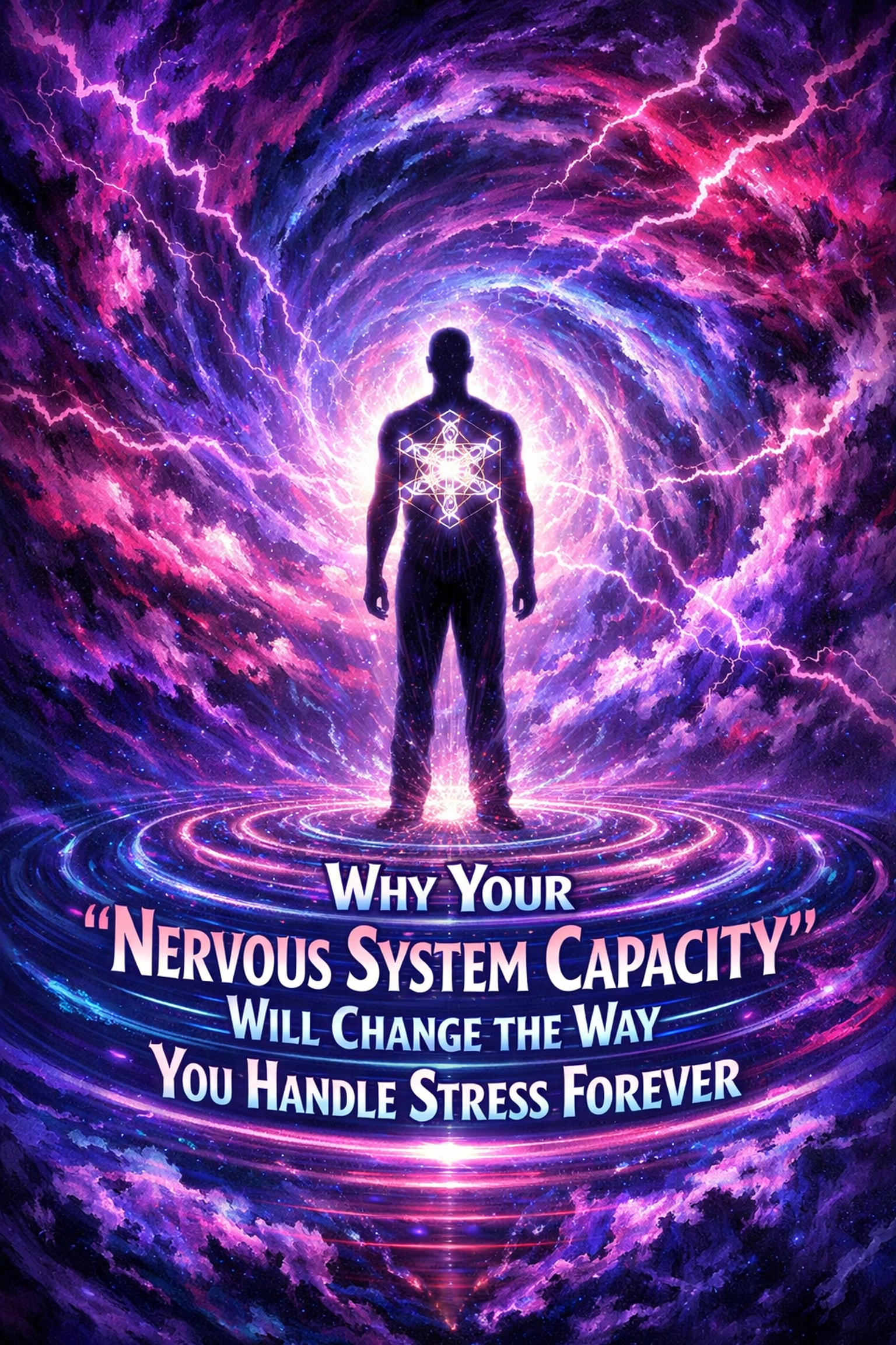 Grounded figure in a cosmic storm with sacred geometry illustrating nervous system regulation and stress handling.