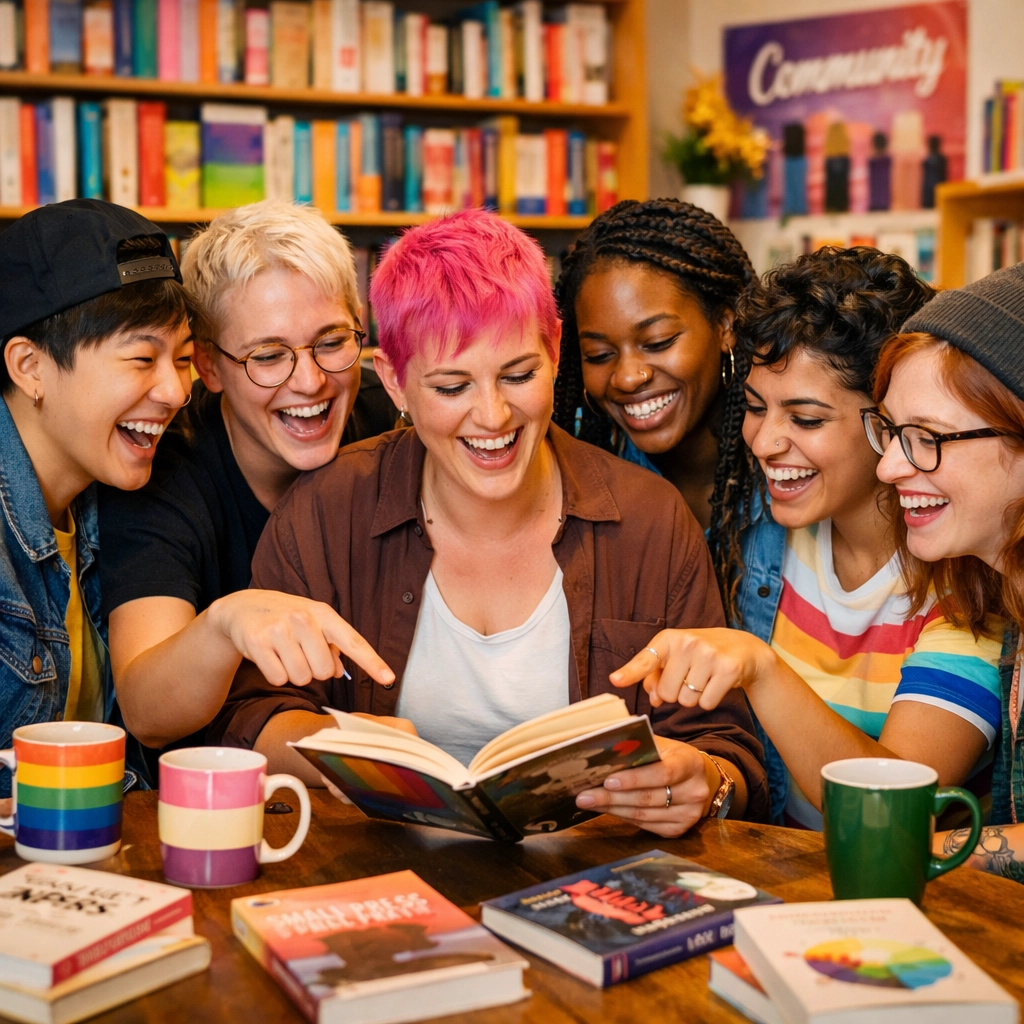 Diverse lesbian and non-binary friends sharing a joyful moment with books in a local queer-owned bookstore.