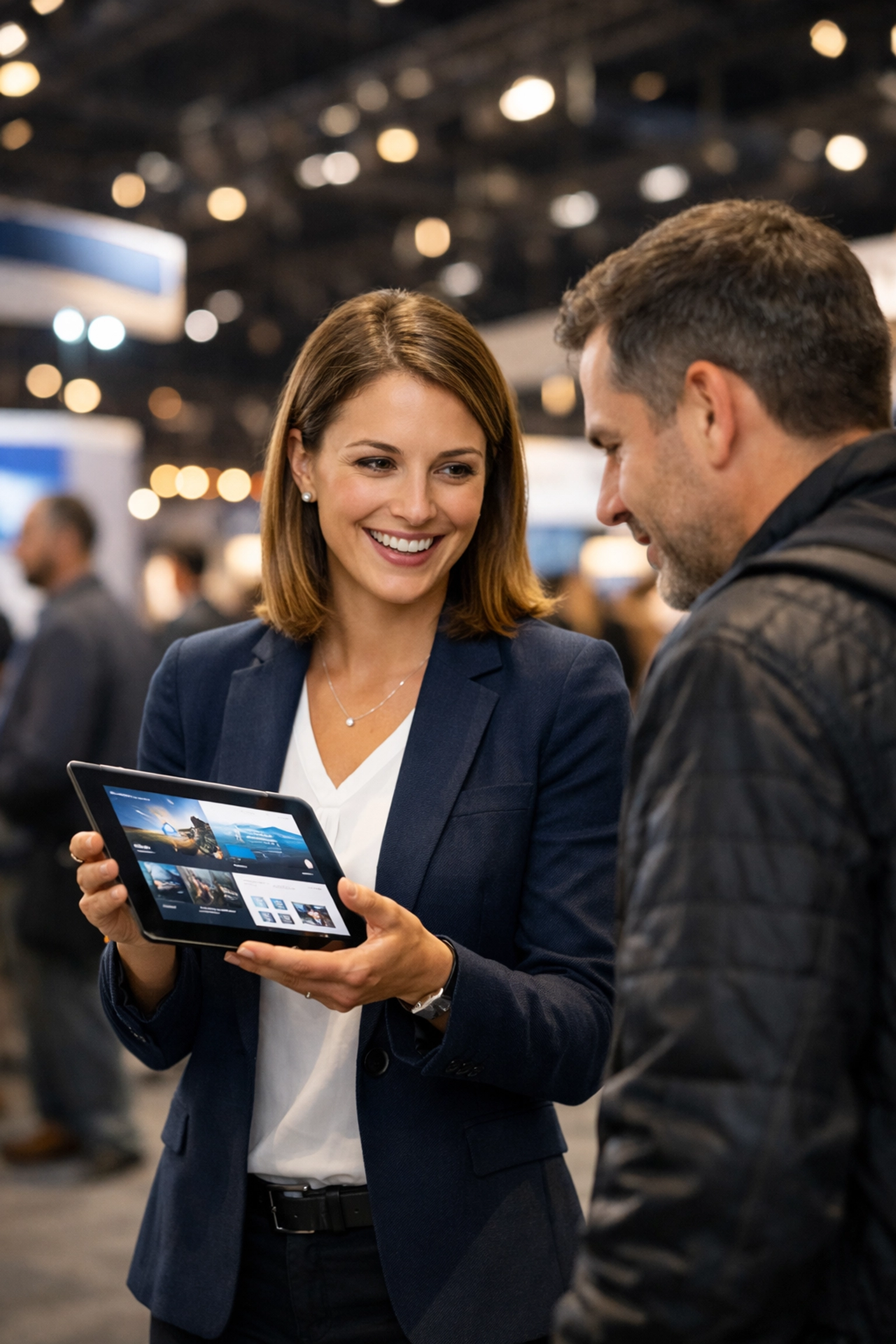 A professional brand ambassador engaging an attendee with a digital tablet to boost event sponsorship activation.