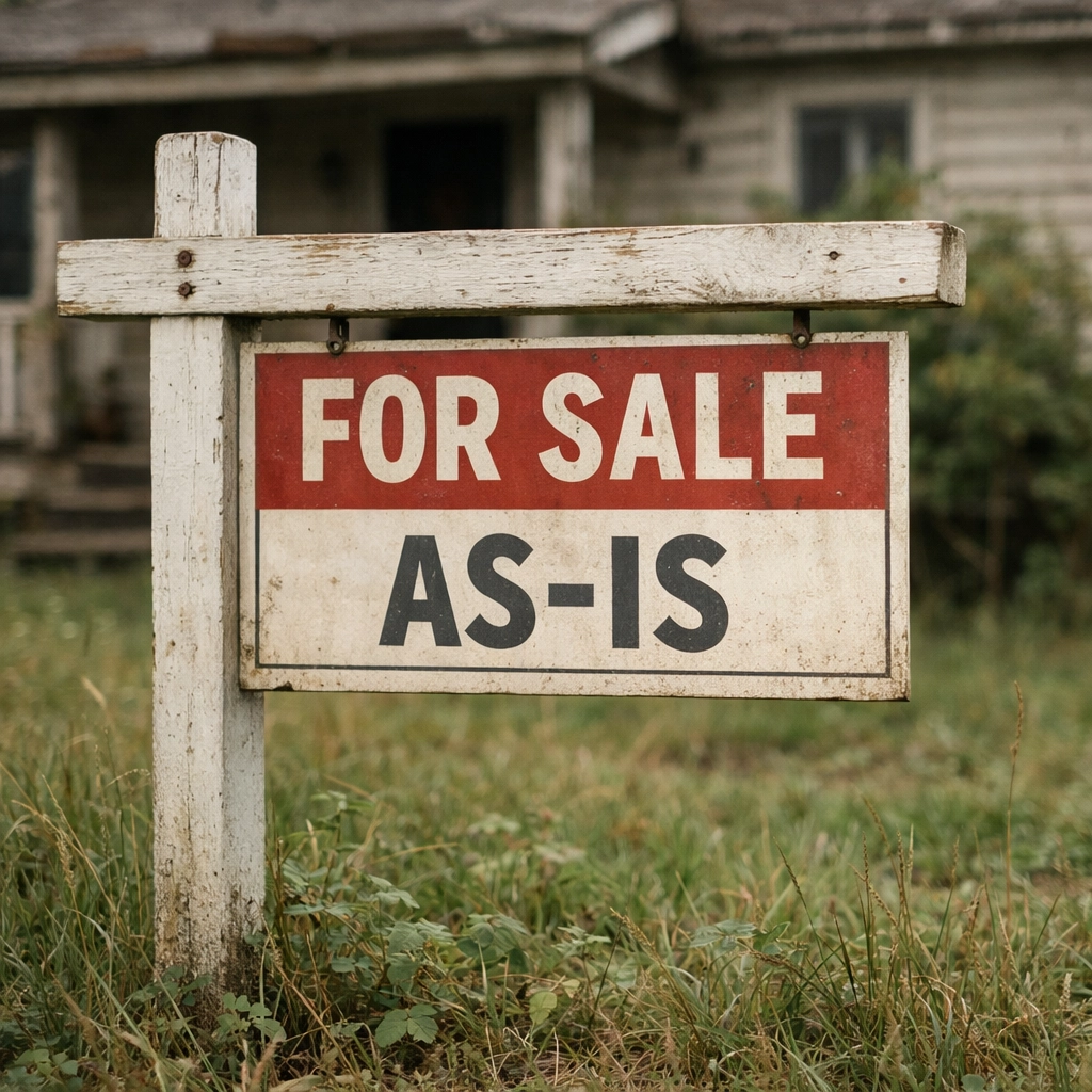 For sale as-is sign in front of Nashville home needing repairs