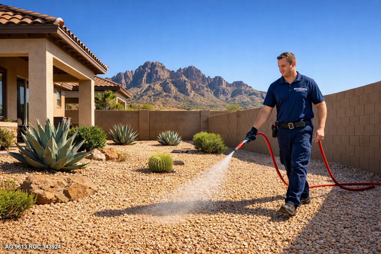 Professional weed control application by a Bucksworth technician in Vistancia, Peoria, AZ.