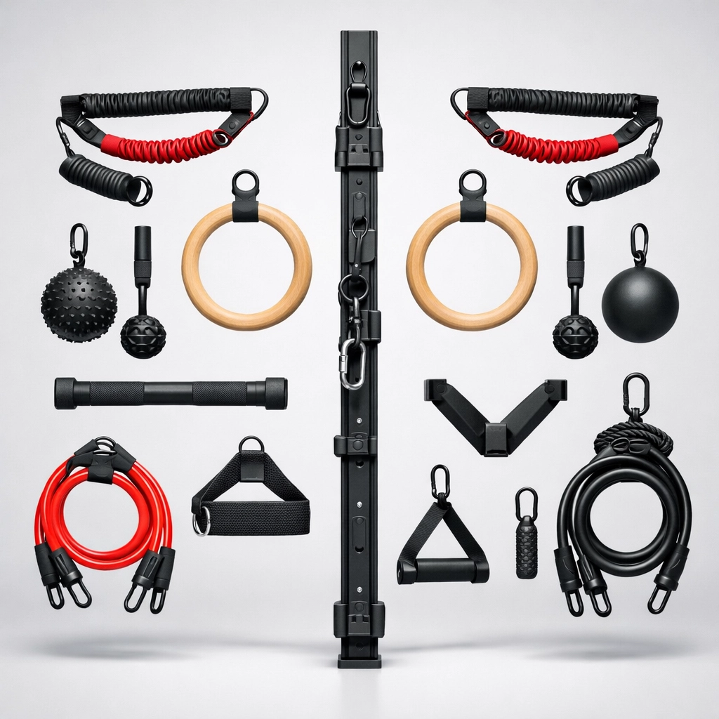 Versatile home gym setup showing a Resistance Rail with gymnastic rings and resistance training attachments.