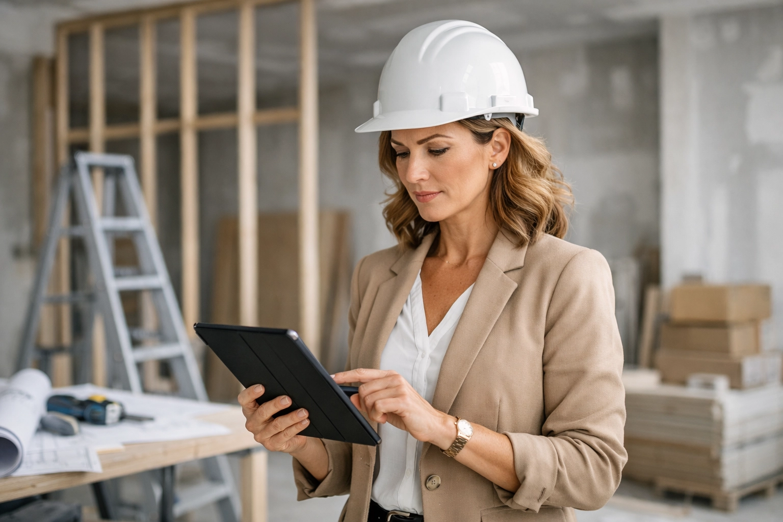 Female real estate CEO reviewing construction plans with a contractor during a professional home flip renovation.