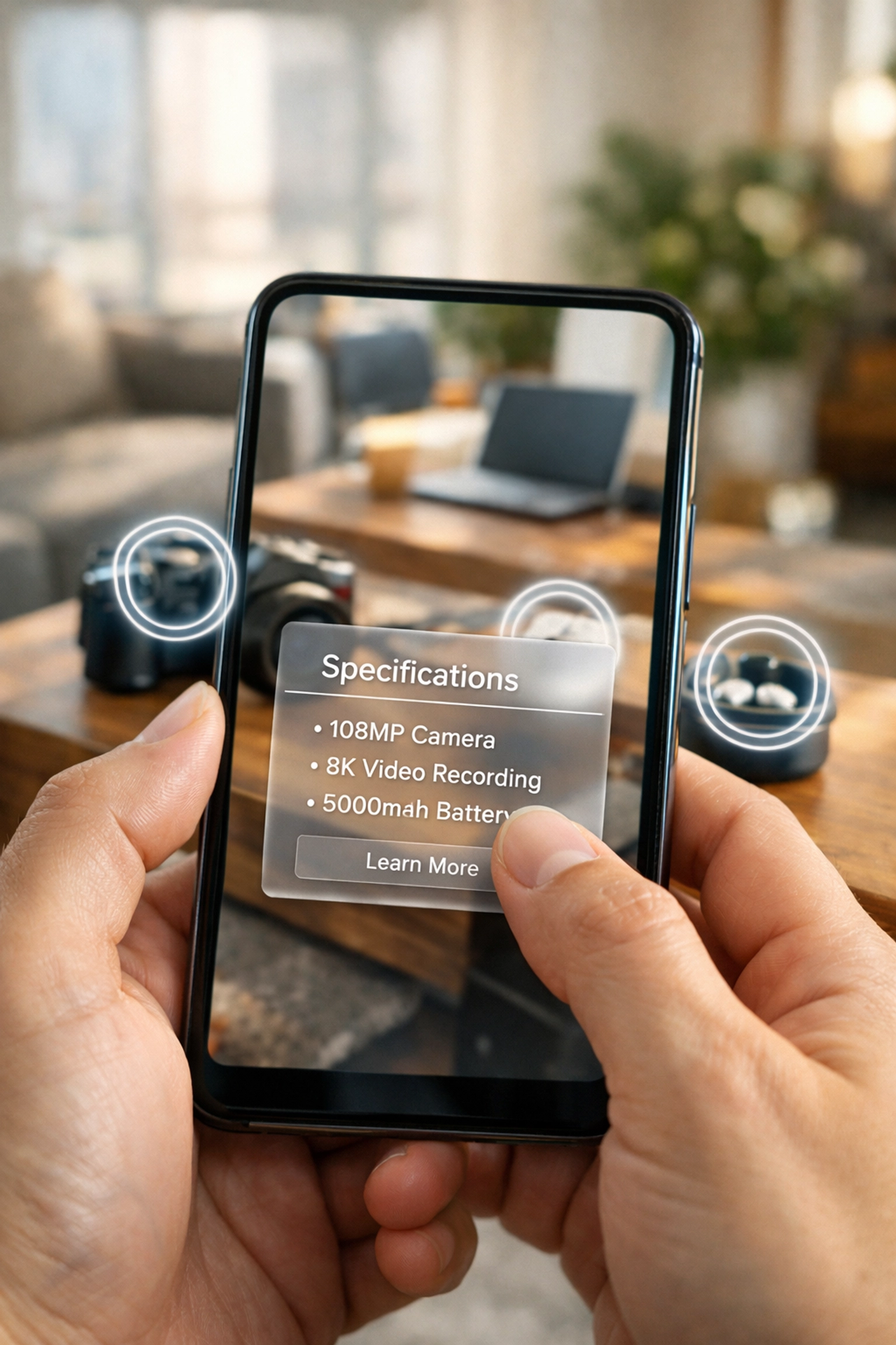 Mobile user tapping an interactive video hotspot on a smartphone to access detailed content.