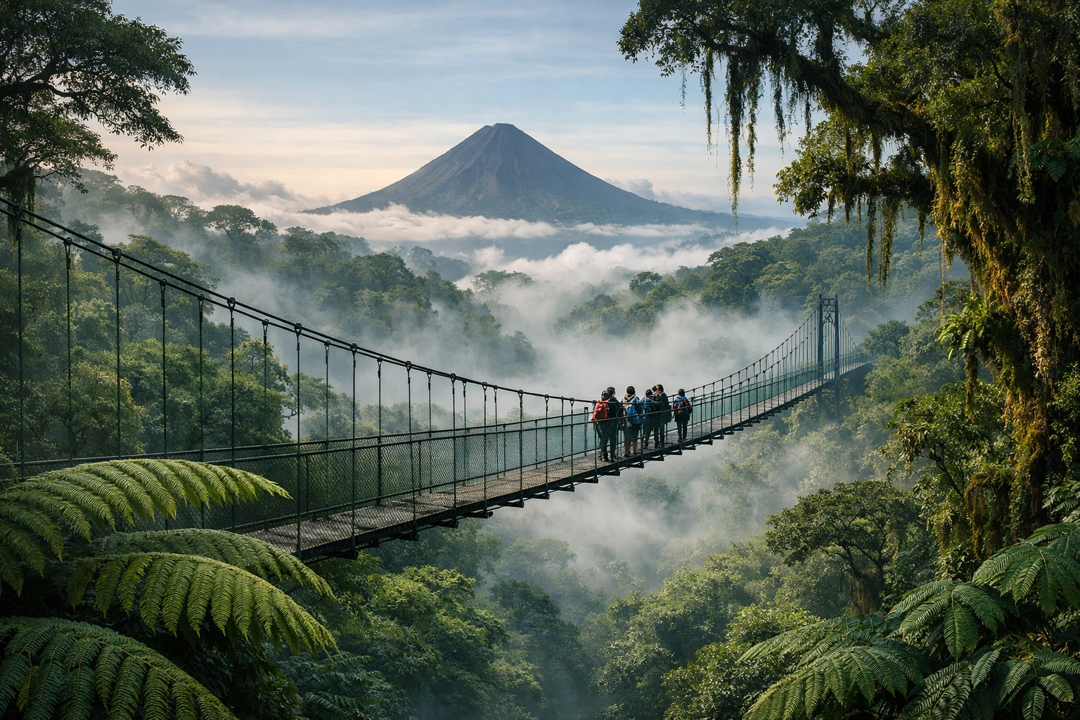 Group of students on a suspension bridge overlooking the Monteverde cloud forest canopy.