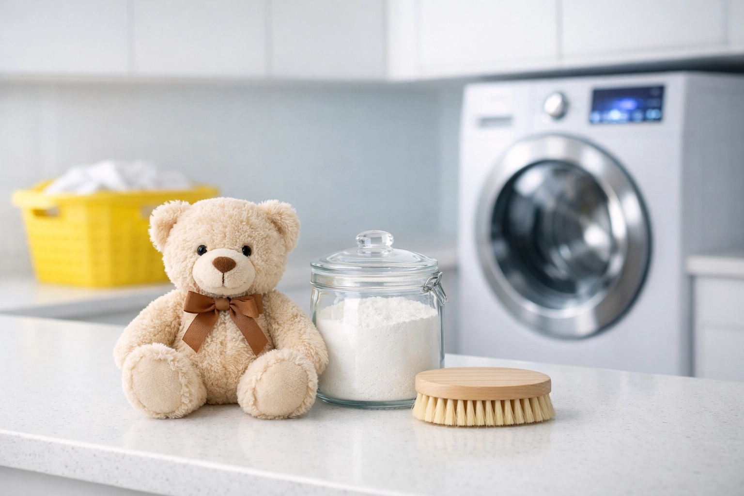 Cleaning a plush teddy bear with gentle sanitizing supplies in a modern laundry room.