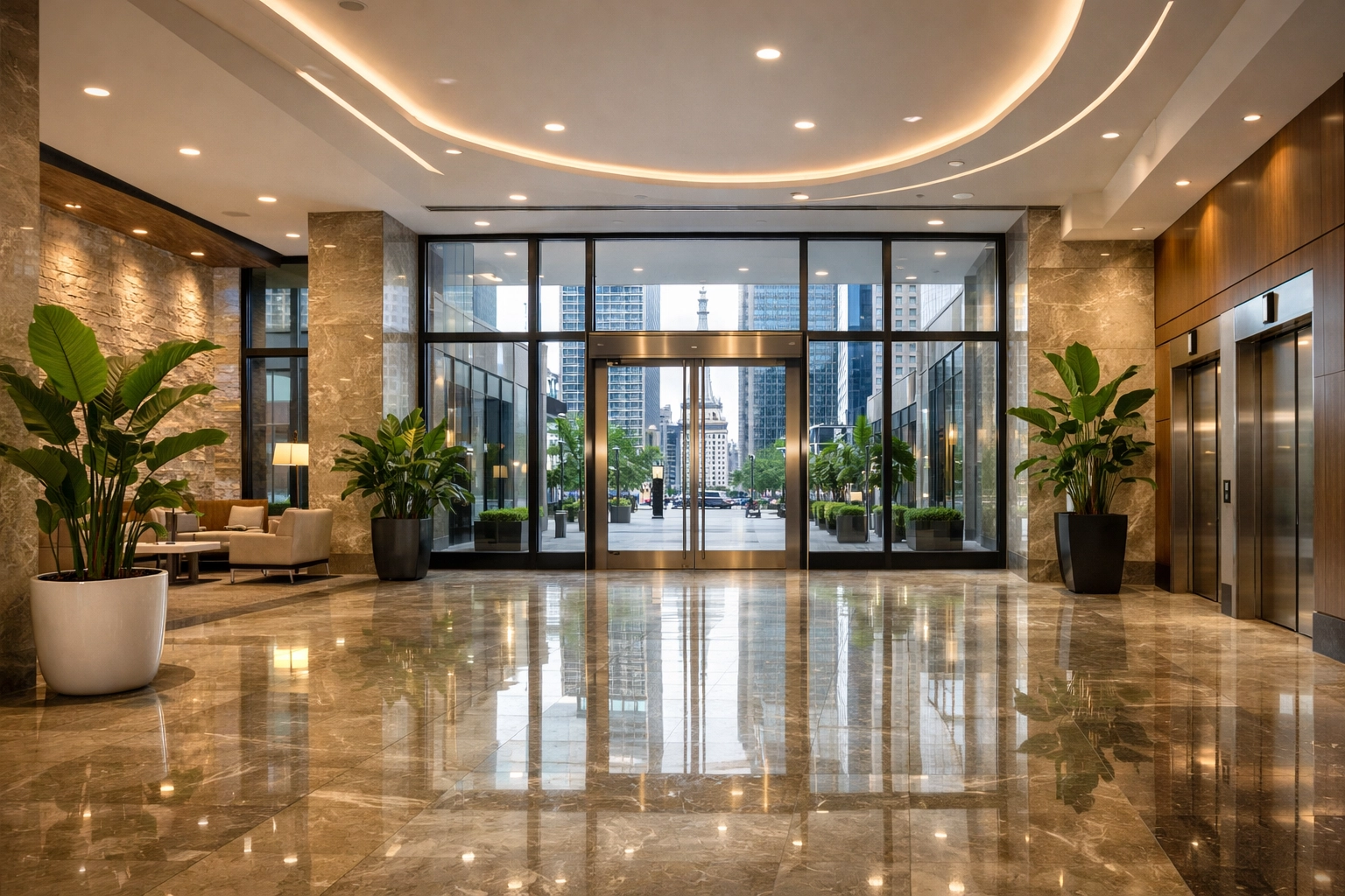 Pristine Indianapolis commercial lobby featuring polished marble floors and professional property maintenance.