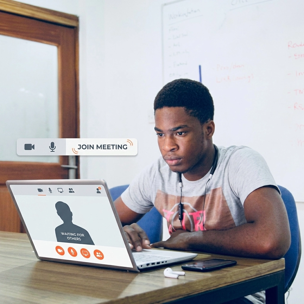 A minimalist laptop screen showing a professional virtual meeting interface.