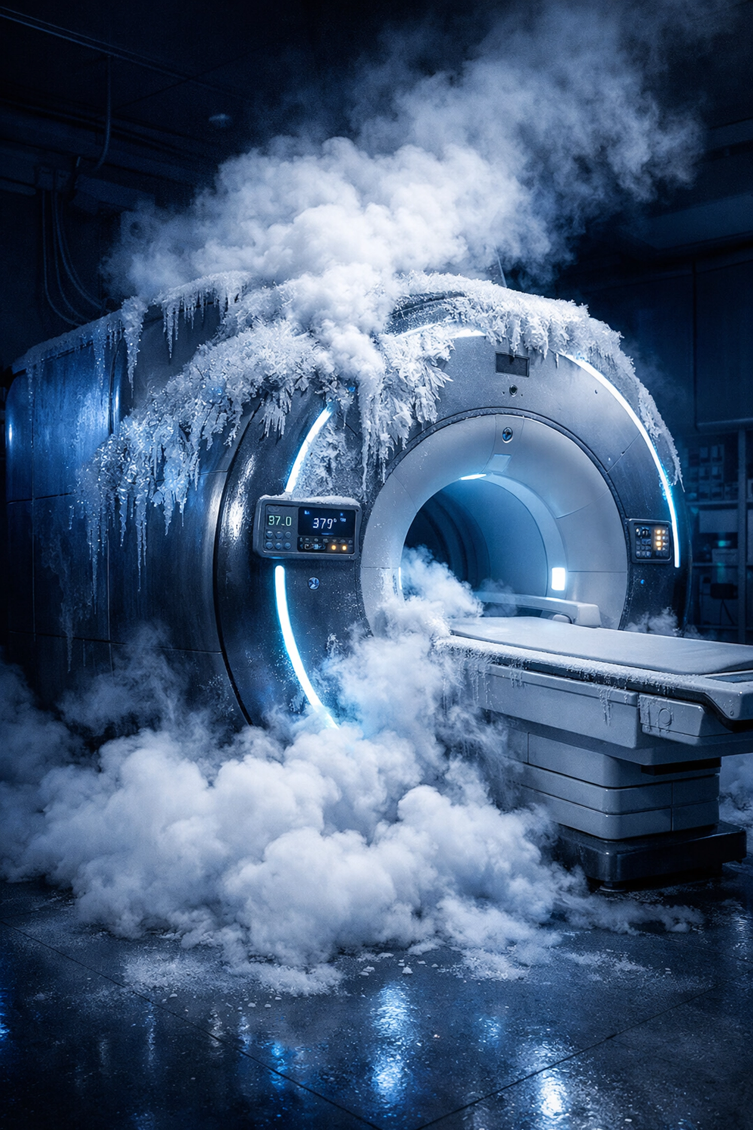 Frozen MRI machine emitting cryogenic helium vapor illustrating the risks of magnet quenching and cooling loss.
