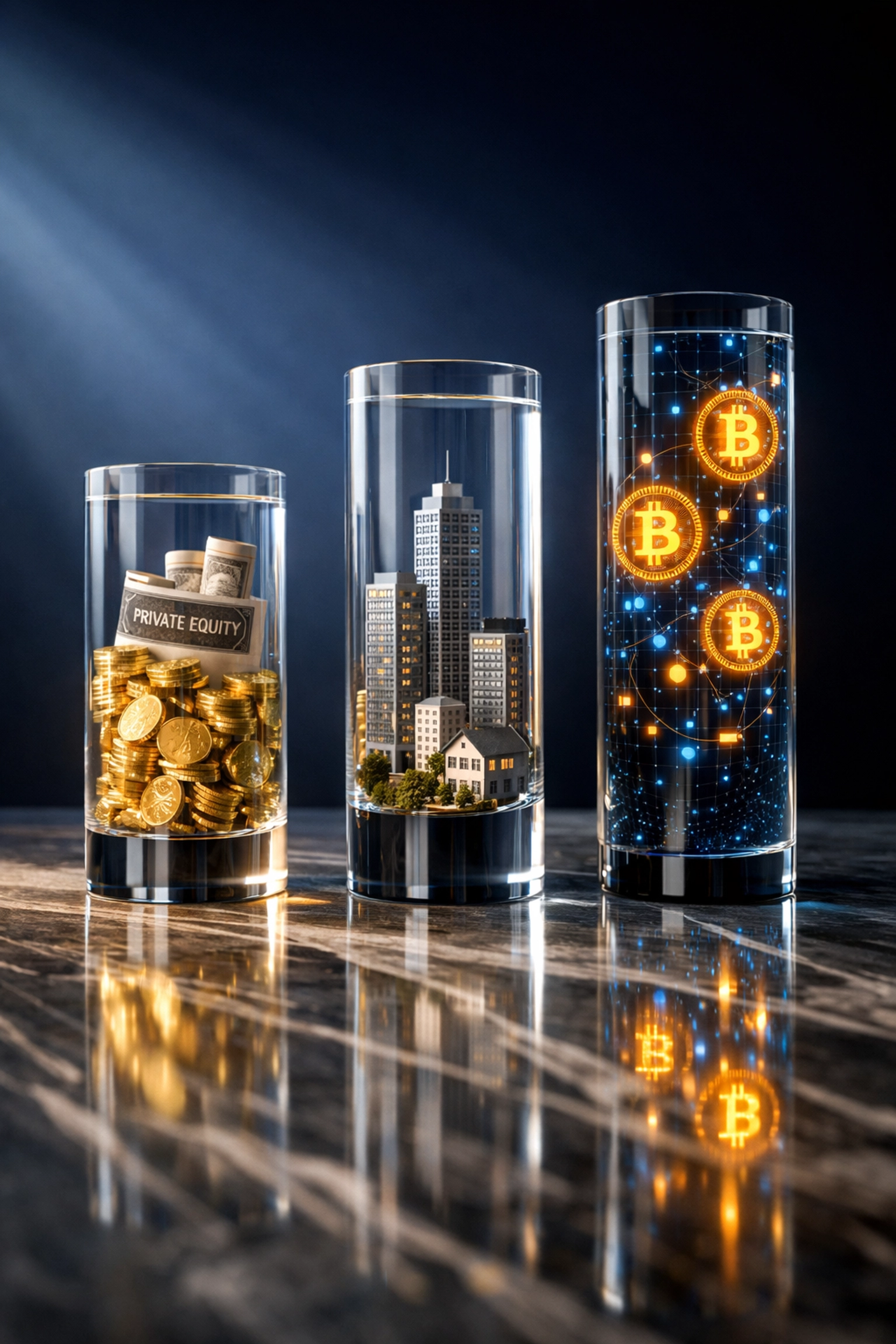 Three pillars representing private equity, real estate, and cryptocurrency investment options