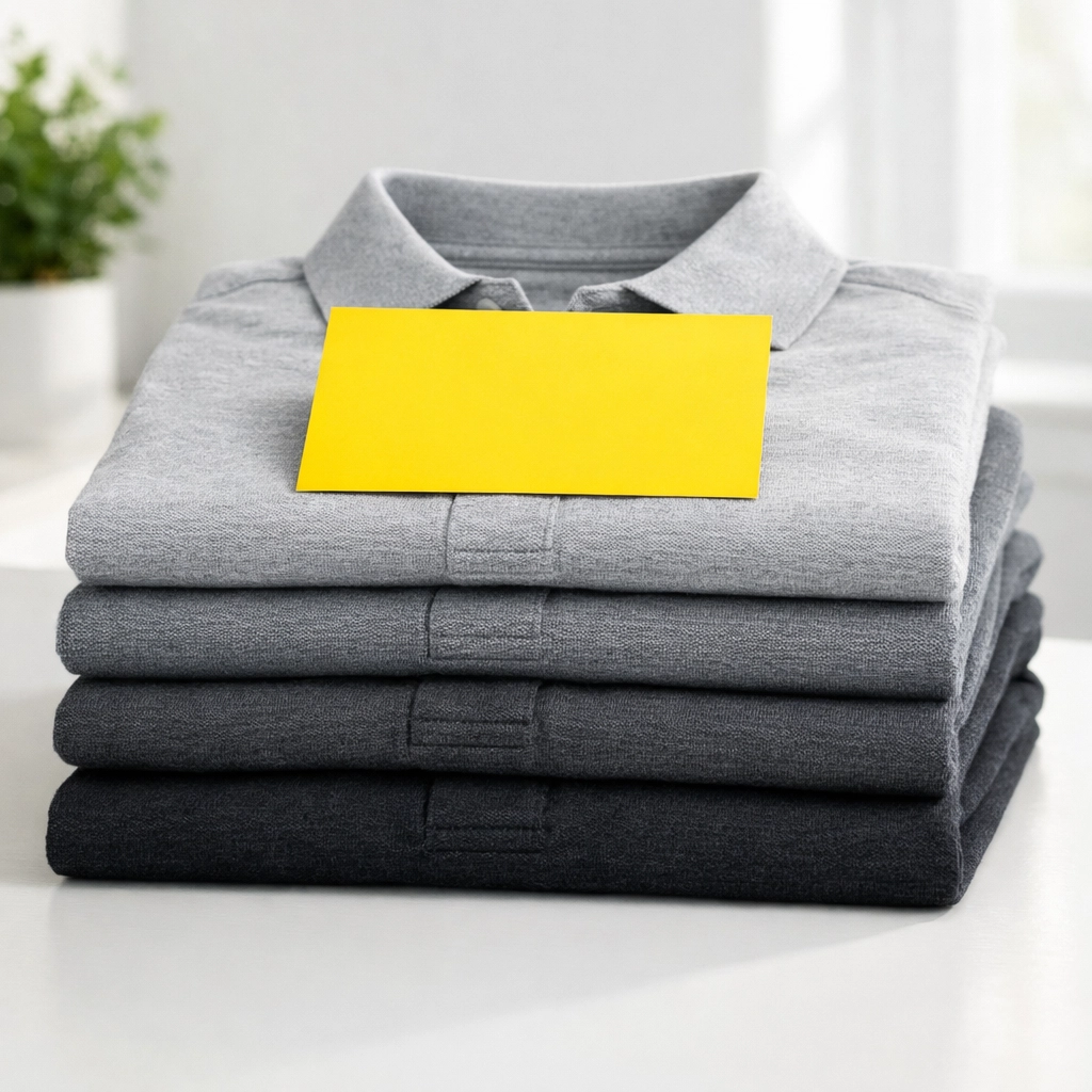 Organized stack of bulk custom t-shirts and polos with a sizing guide for professional team orders.