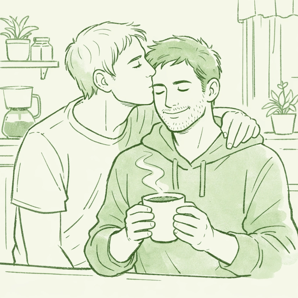 Gay couple in everyday affectionate moment with temple kiss in home setting