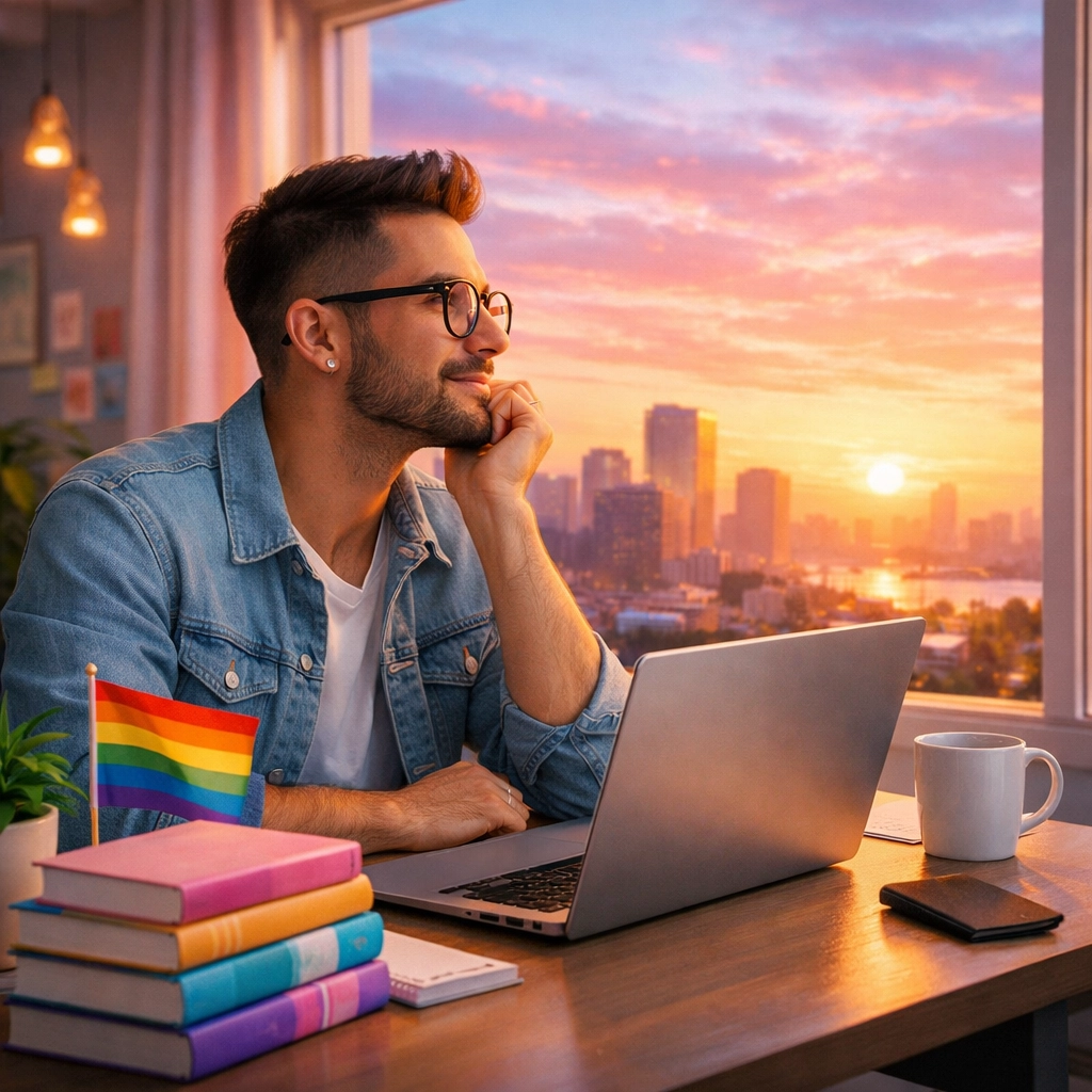Gay writer at a desk with books and laptop preparing to publish new LGBTQ+ fiction.