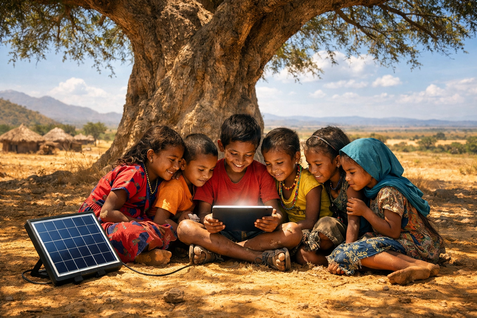 Children in a rural village learning with a solar-powered tablet, showing global literacy and missions impact.