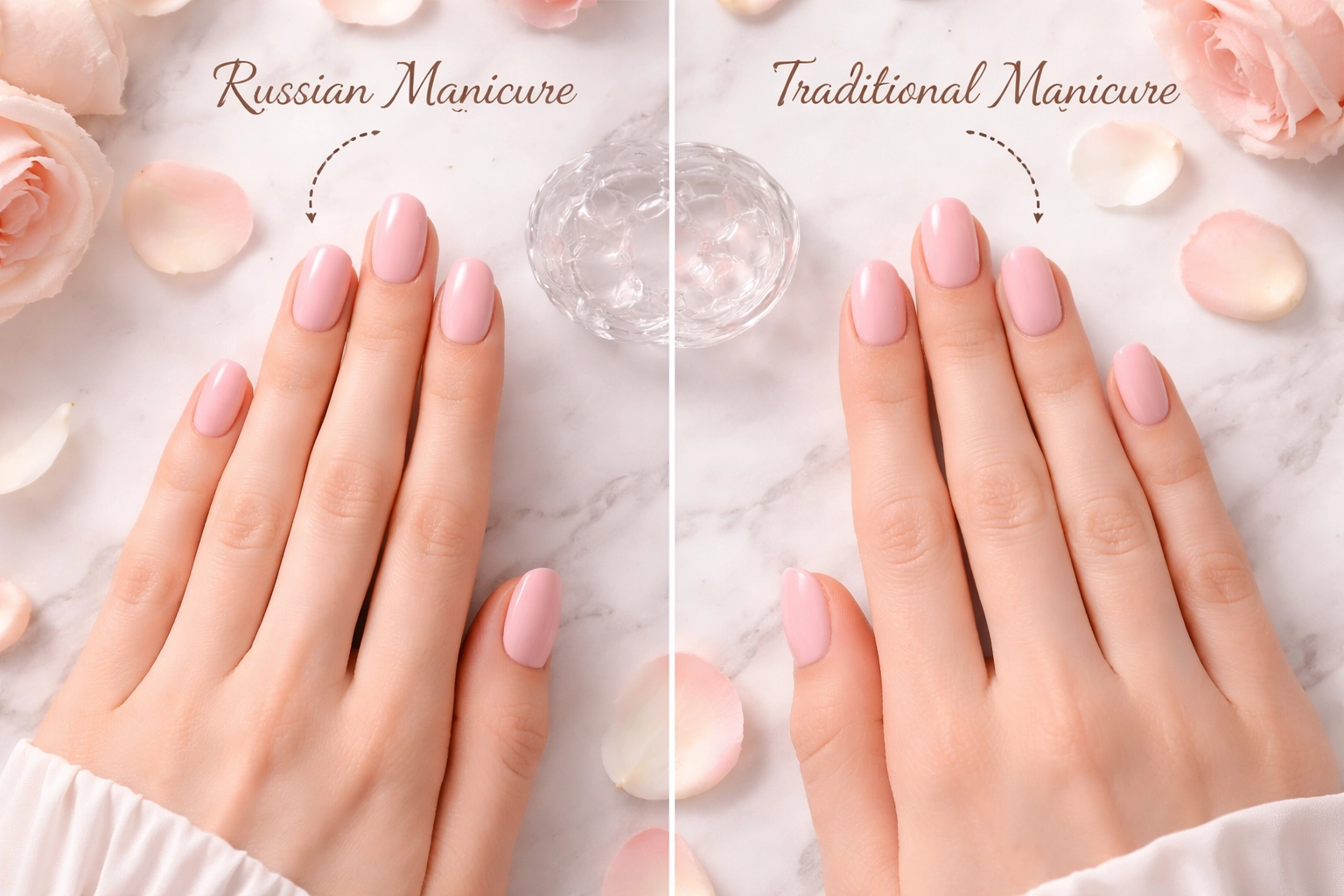 Side-by-side comparison of Russian manicure and traditional gel nails with clear polish and neat cuticle lines