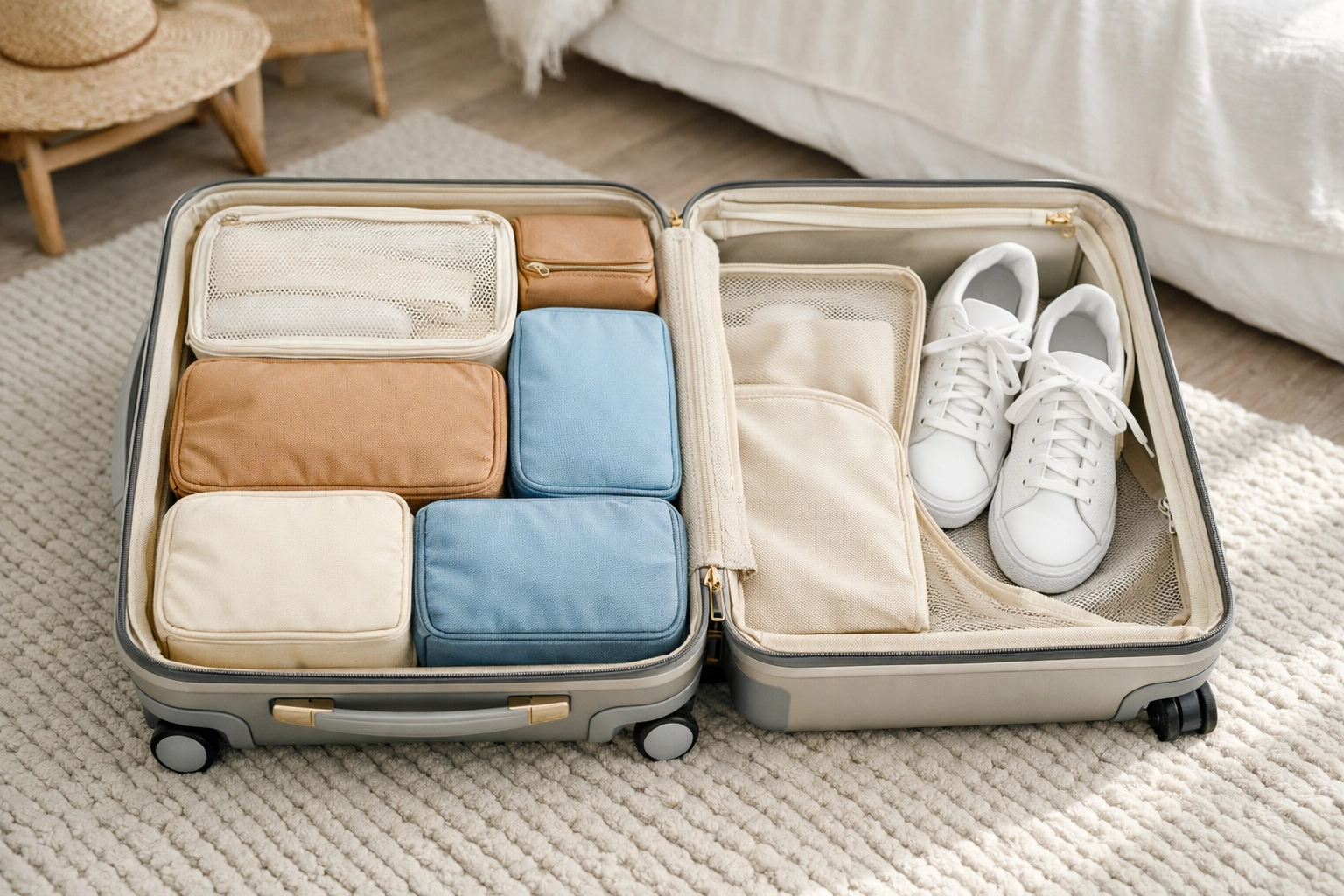 Efficiently packed carry-on suitcase with color-coded compression packing cubes for 2026 travel.