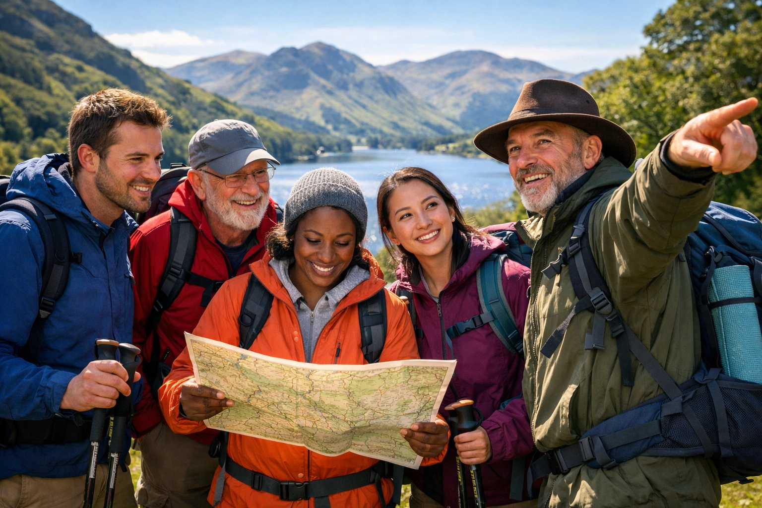 Guided hiking tour group with map in Lake District UK