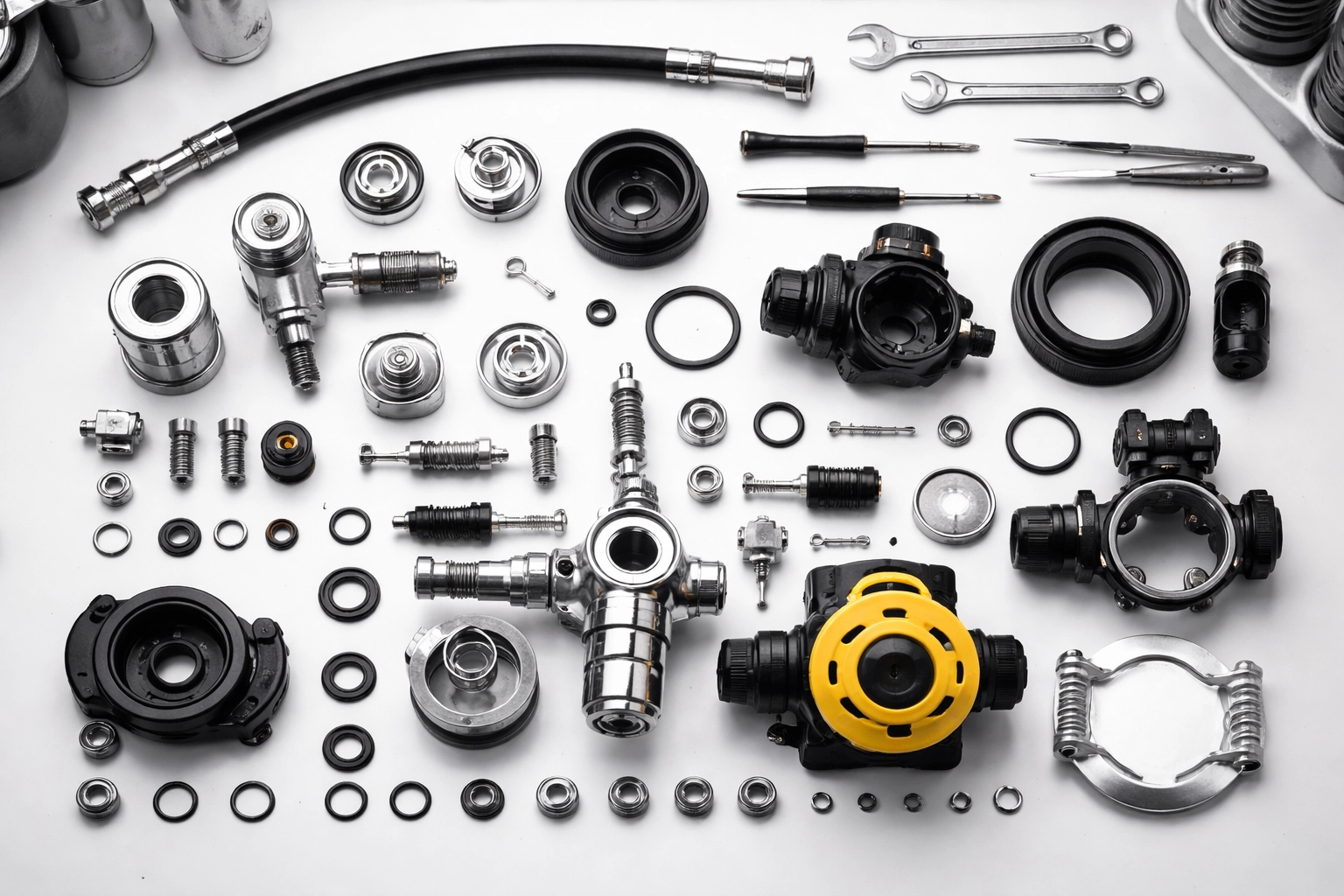 Demontierter Scubaforce Atemregler auf Werkbank, veranschaulicht präzise Wartung und Service