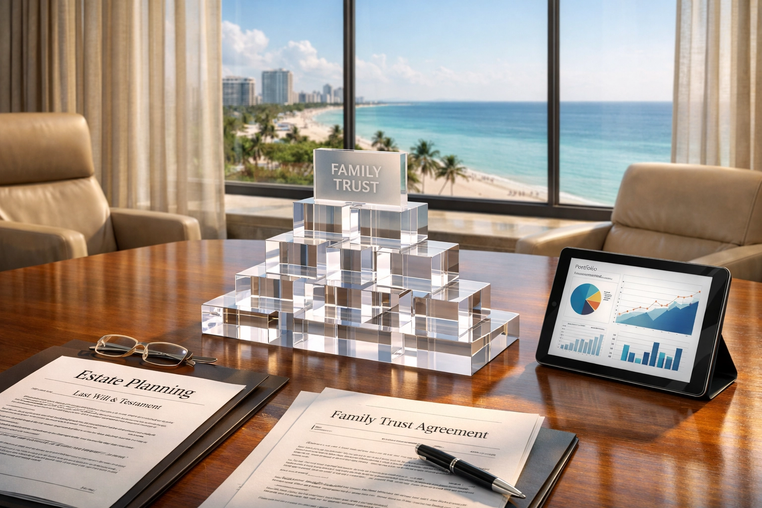 Family office conference room with estate planning documents and Florida coastal view
