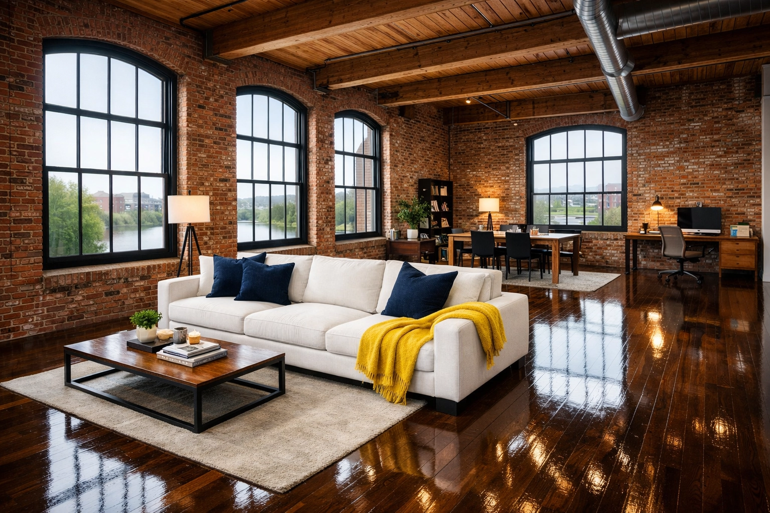 Clean modern loft in Lowell with exposed brick and high ceilings, showcasing premium maid services Lowell results.