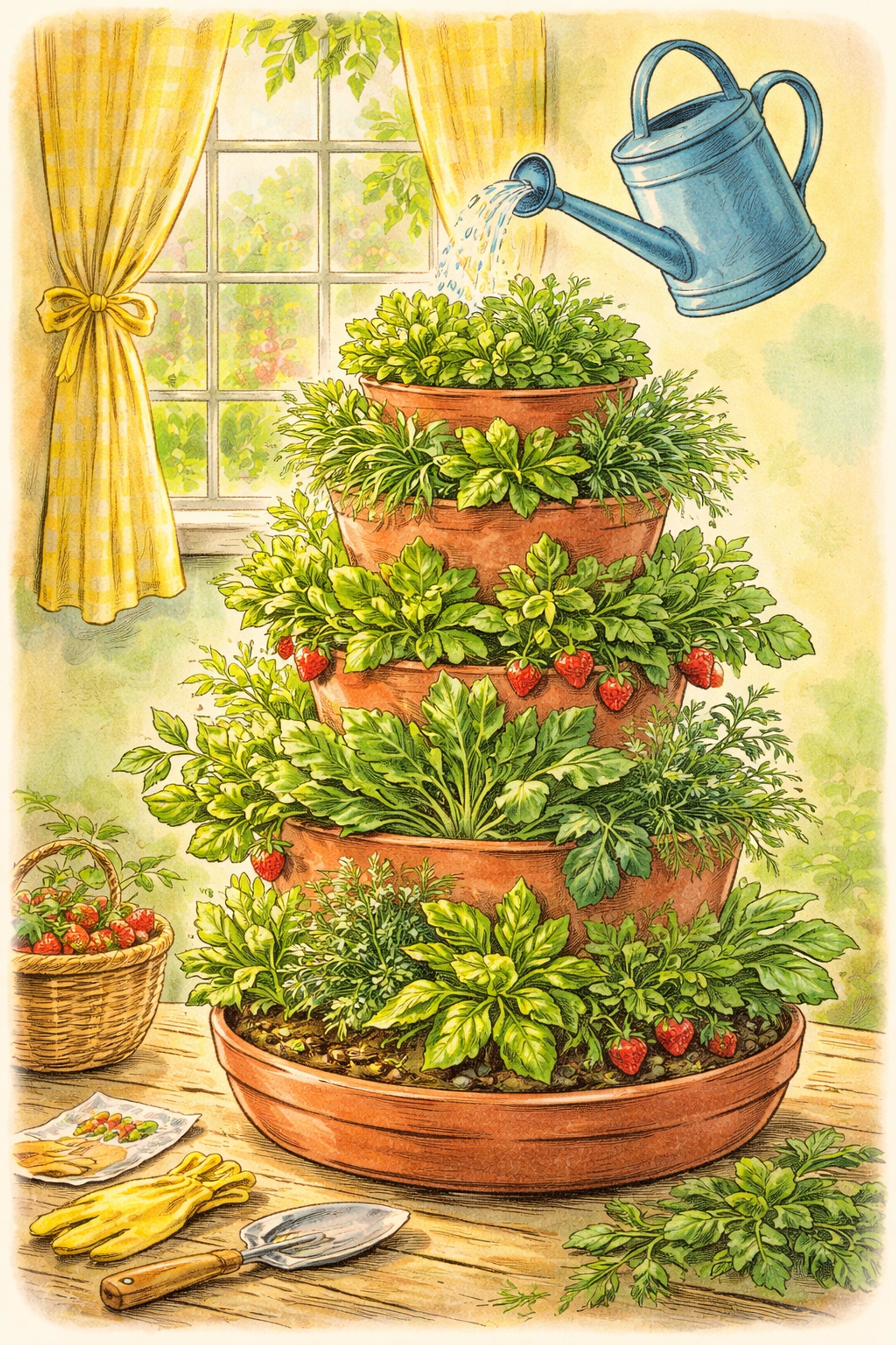 Illustration of a thriving PVC pipe tower garden filled with greens, strawberries, and herbs being watered, representing vertical garden success.