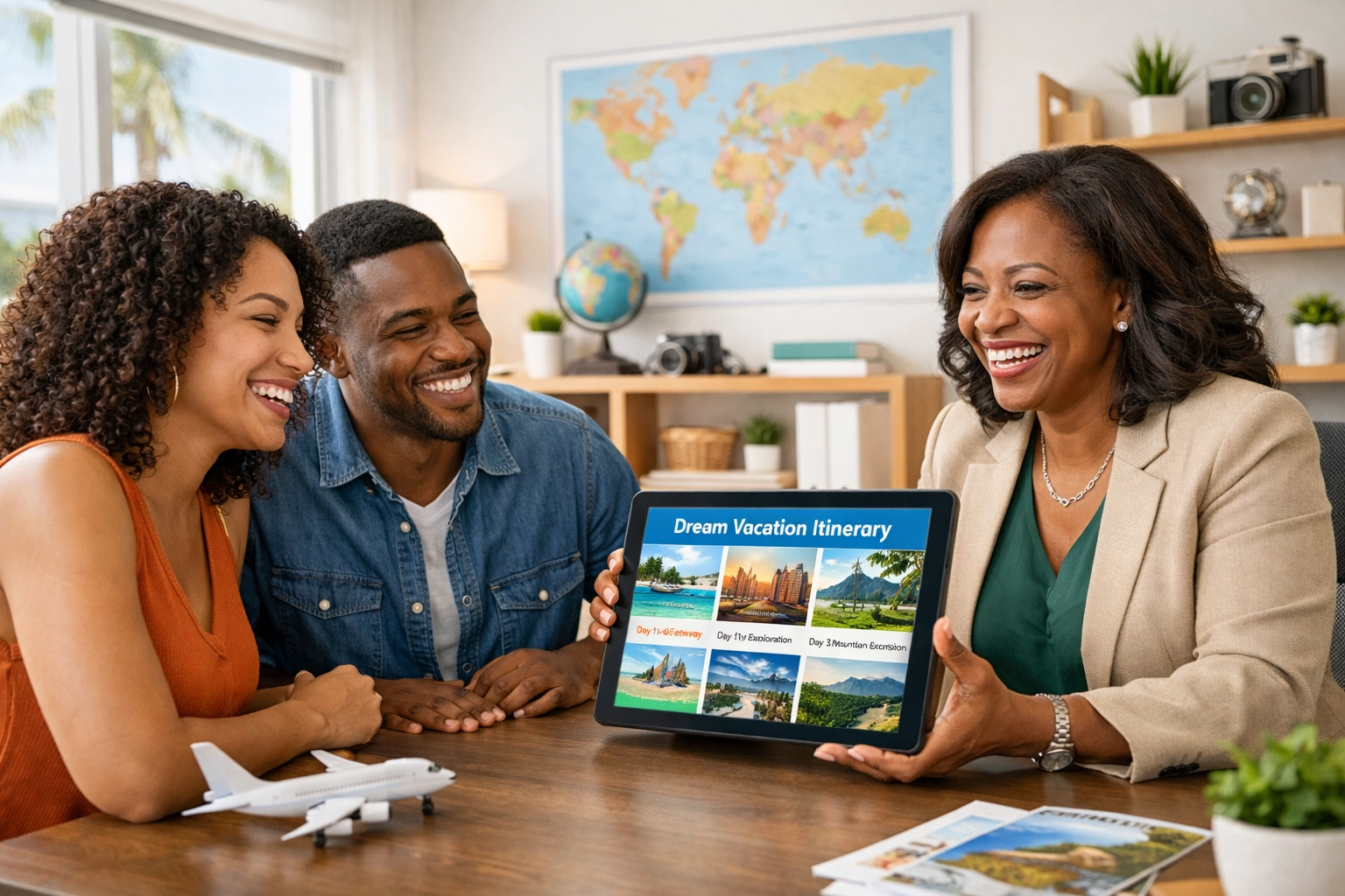 Omaha travel agent providing a professional travel consultation for a couple in a modern office.